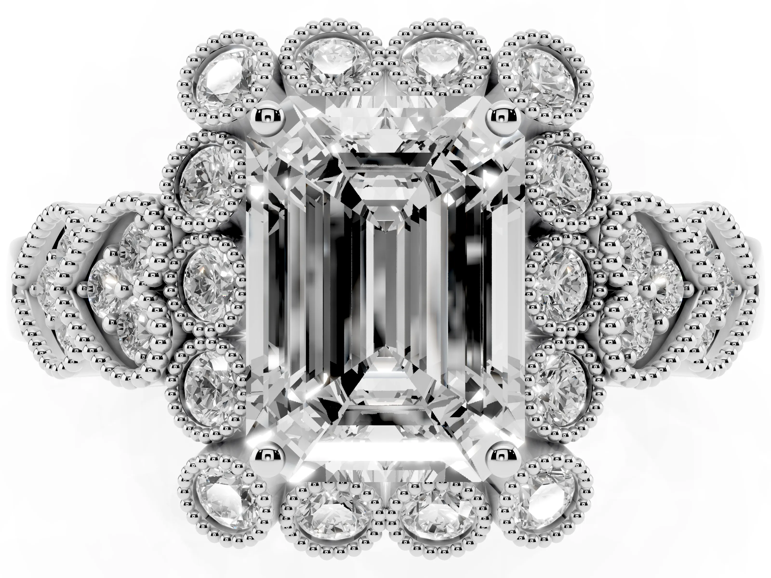 Emerald Cut Diamond Solitaire Ring Set in Silver with Milgrain Pavé Heart Band