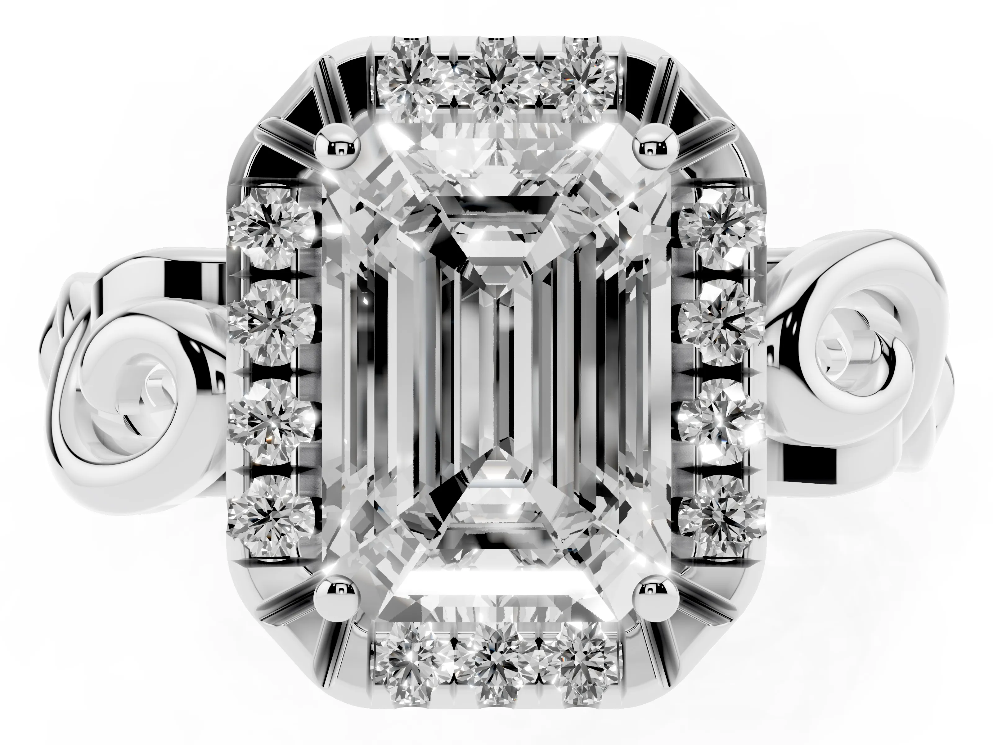 Emerald Cut Diamond Halo Ring Set in Platinum with Scrollwork Band and Prong Setting