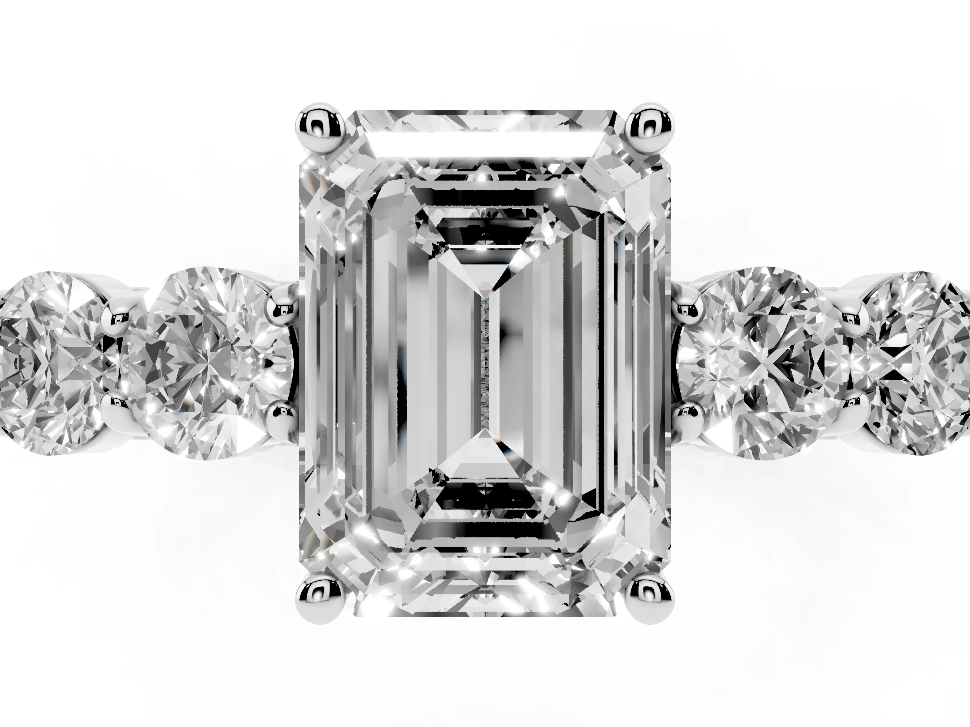 Emerald Cut Diamond Five-Stone Prong Set Band Ring Set in White gold with Polished Band