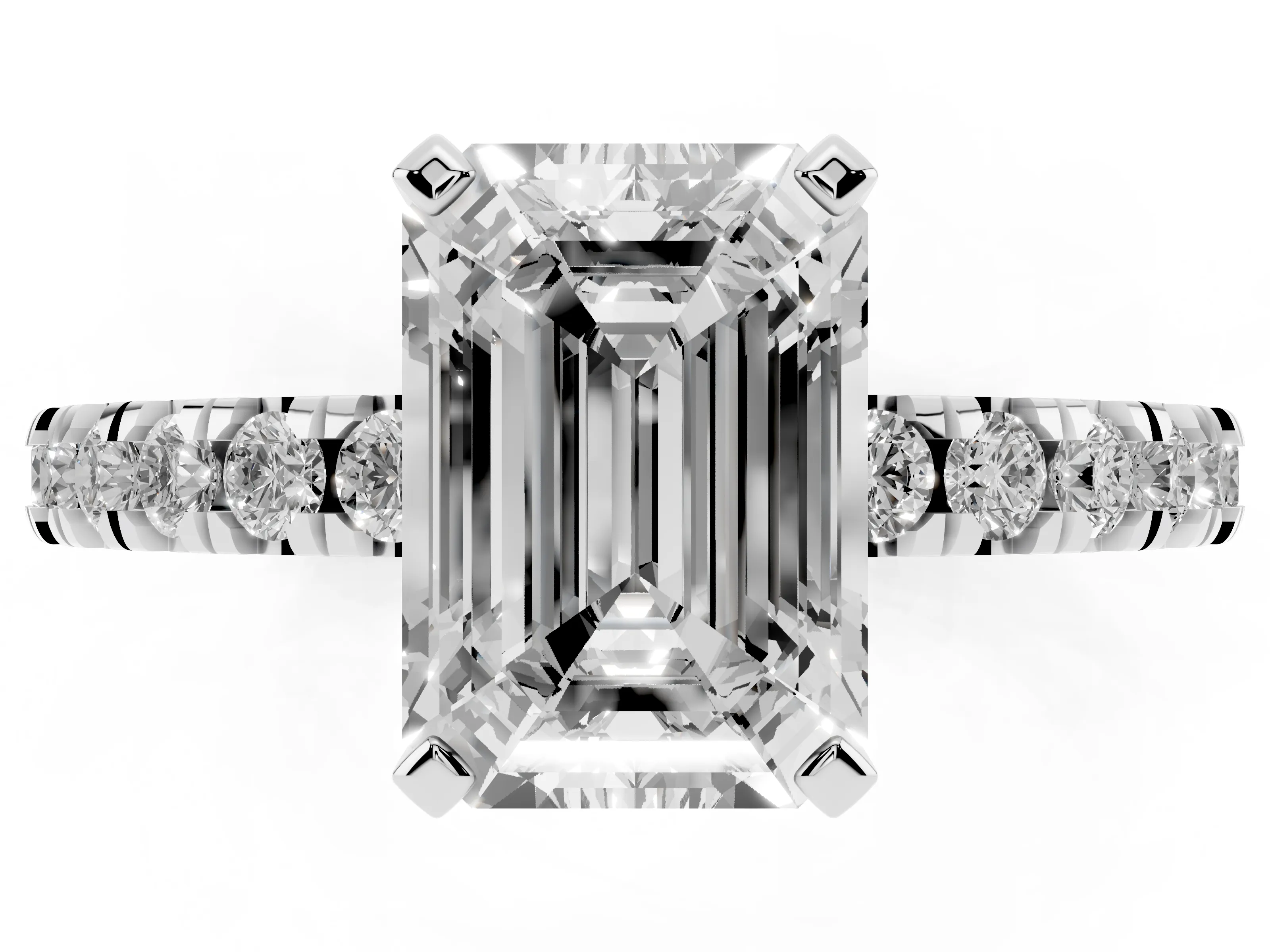 Emerald Cut Diamond Pavé Band Solitaire Set in White gold with Prong Setting
