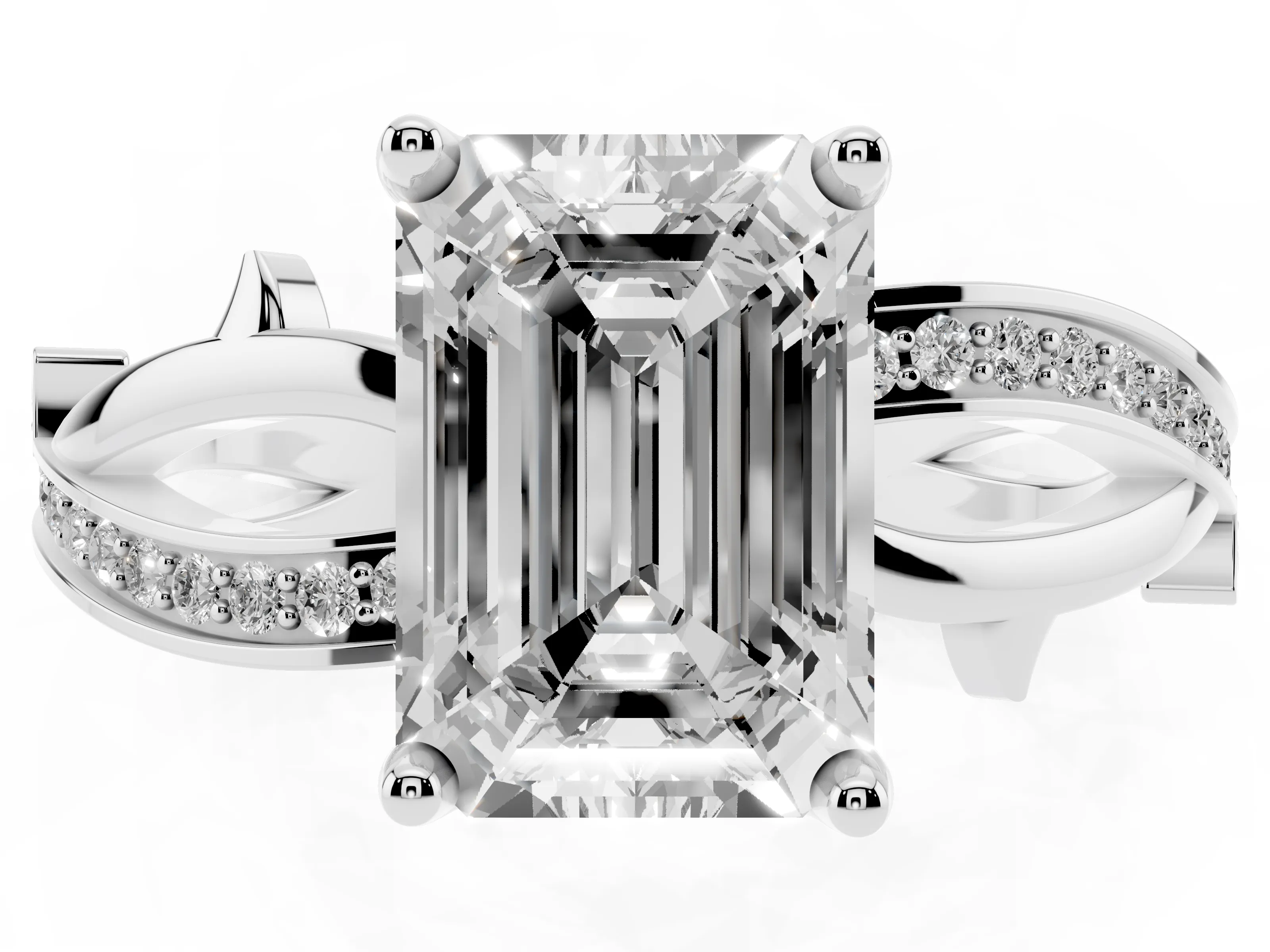 Emerald Cut Diamond Pavé Twist Band Solitaire Ring Set in Silver with Prong Setting