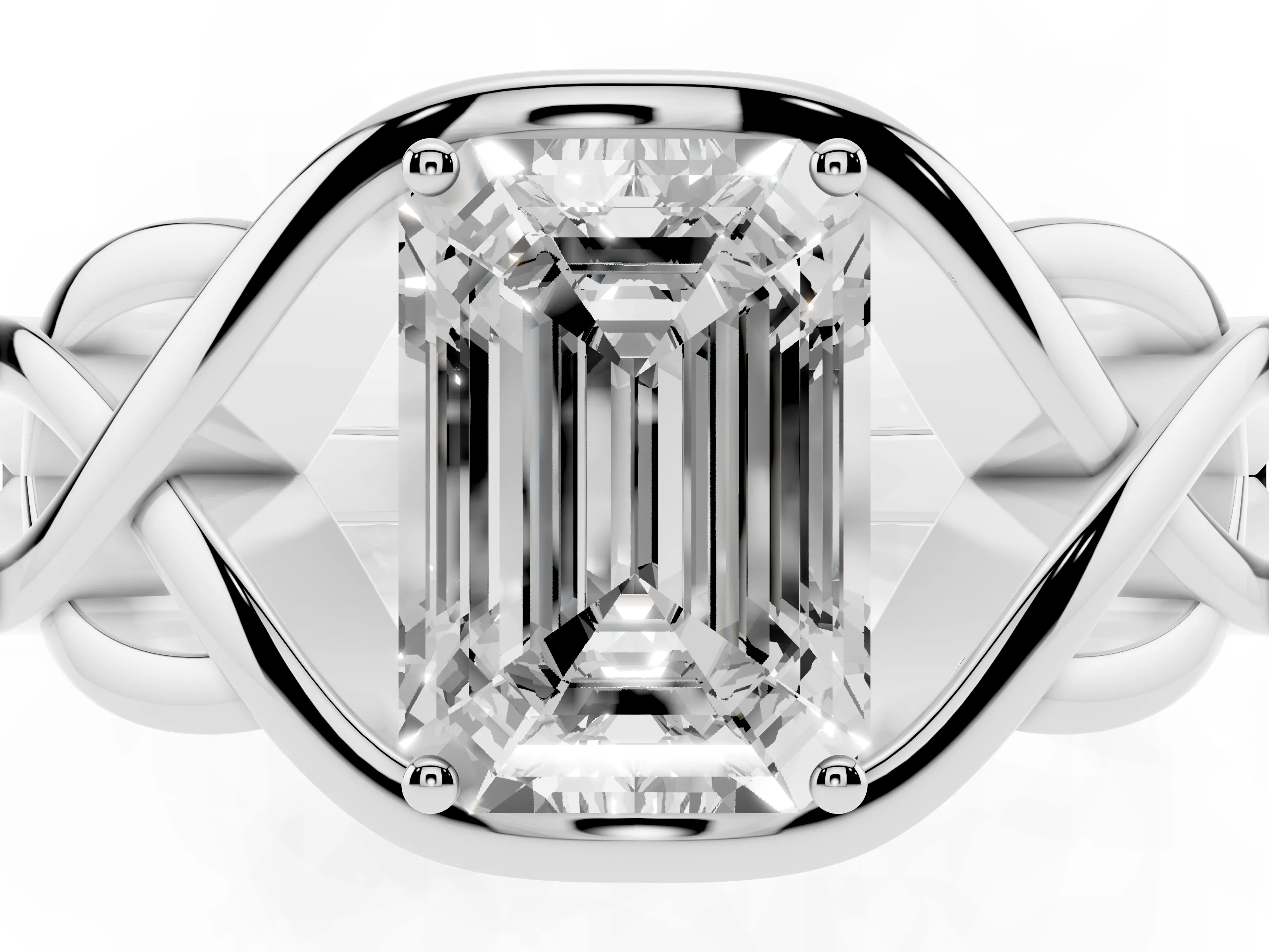 Emerald Cut Diamond Solitaire Ring Set in Silver with Intertwined Band