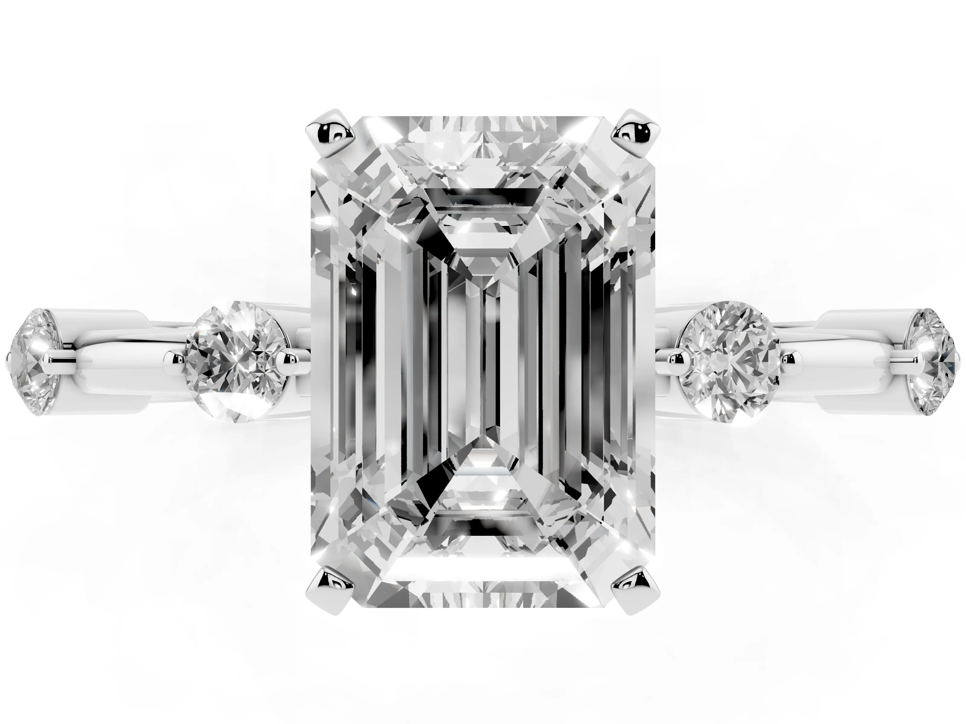 Emerald Cut Diamond Solitaire Ring Set in Silver with Bezel Set Side Stones and Prong Setting