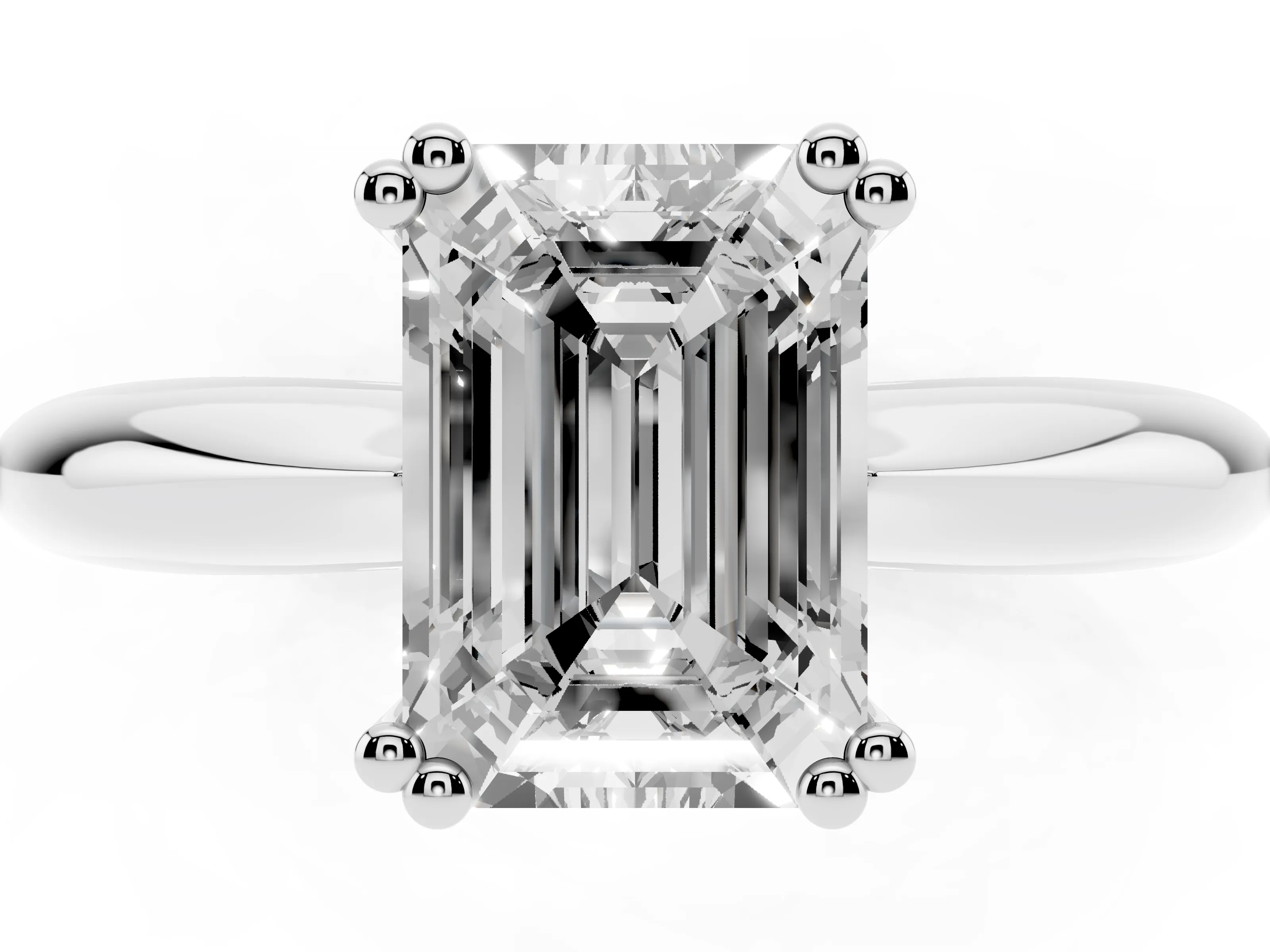 Emerald Cut Diamond Solitaire Engagement Ring Set in Silver with Tapered Band and Prong Setting