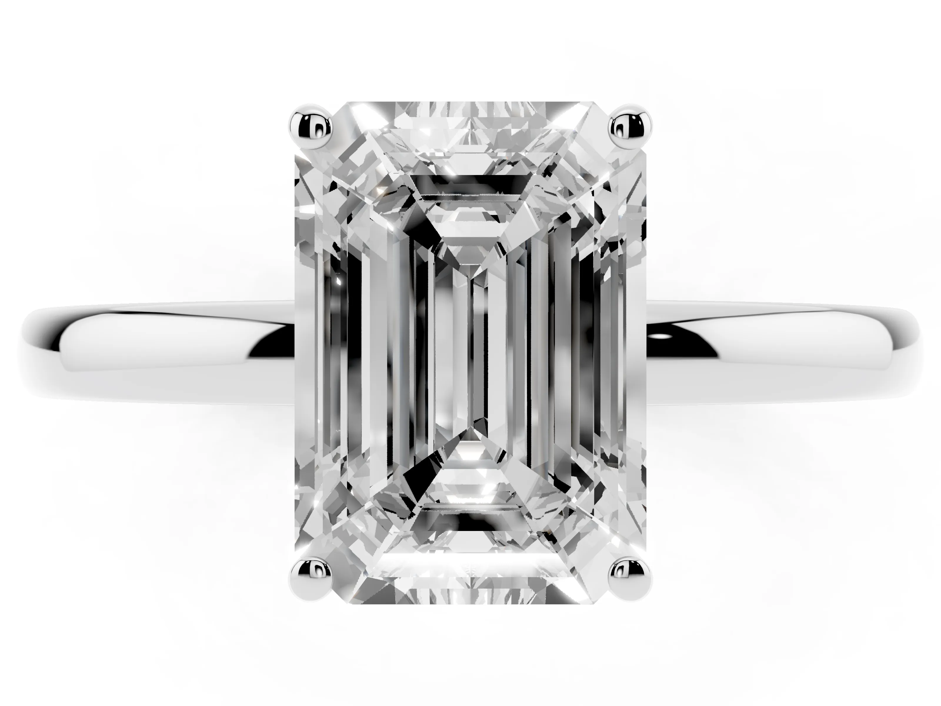 Emerald Cut Diamond Solitaire Ring Set in Platinum with Plain Band and Prong Setting