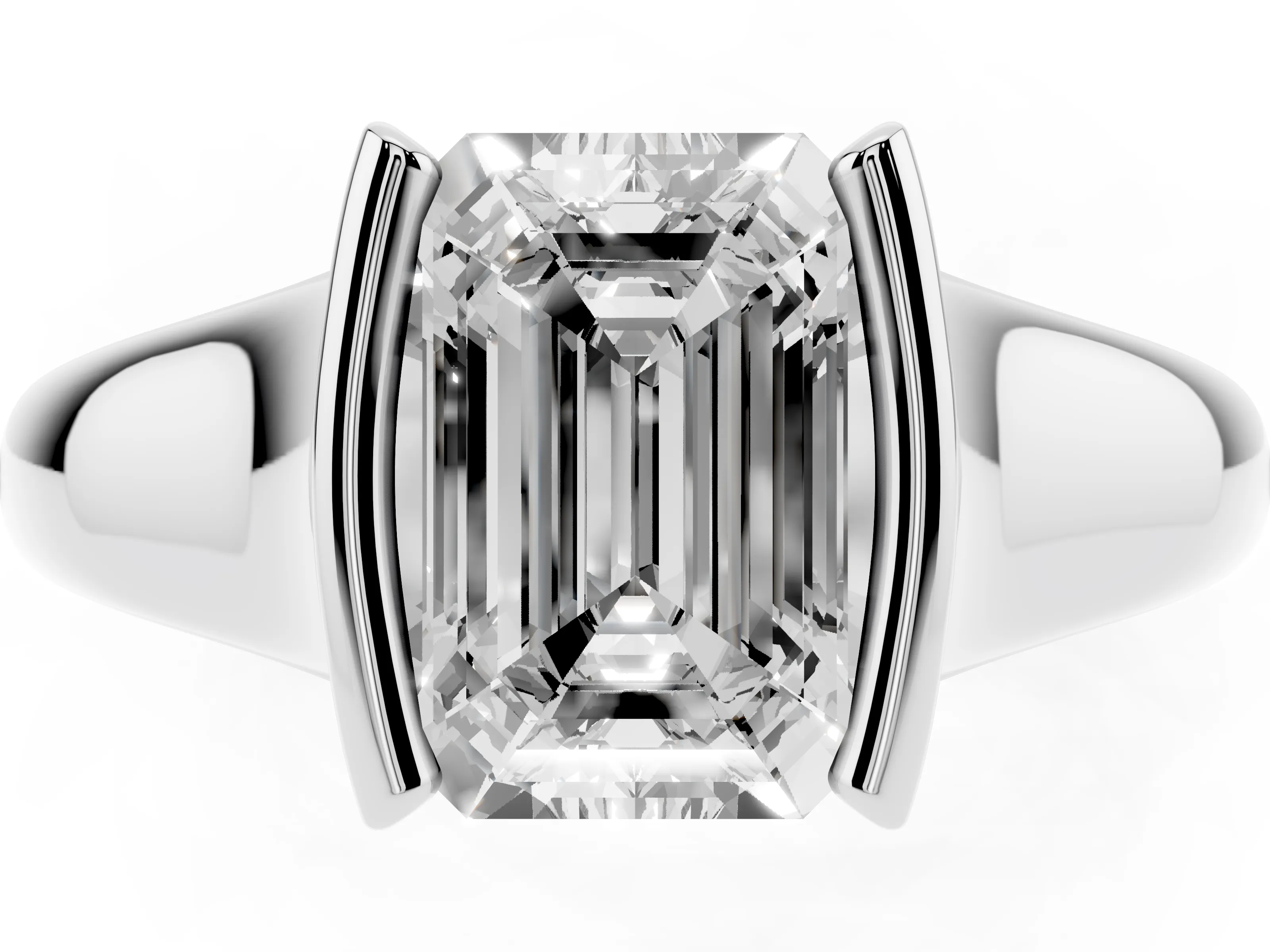 Emerald Cut Diamond Solitaire Tension Set Ring Set in White gold with Split Shank Band