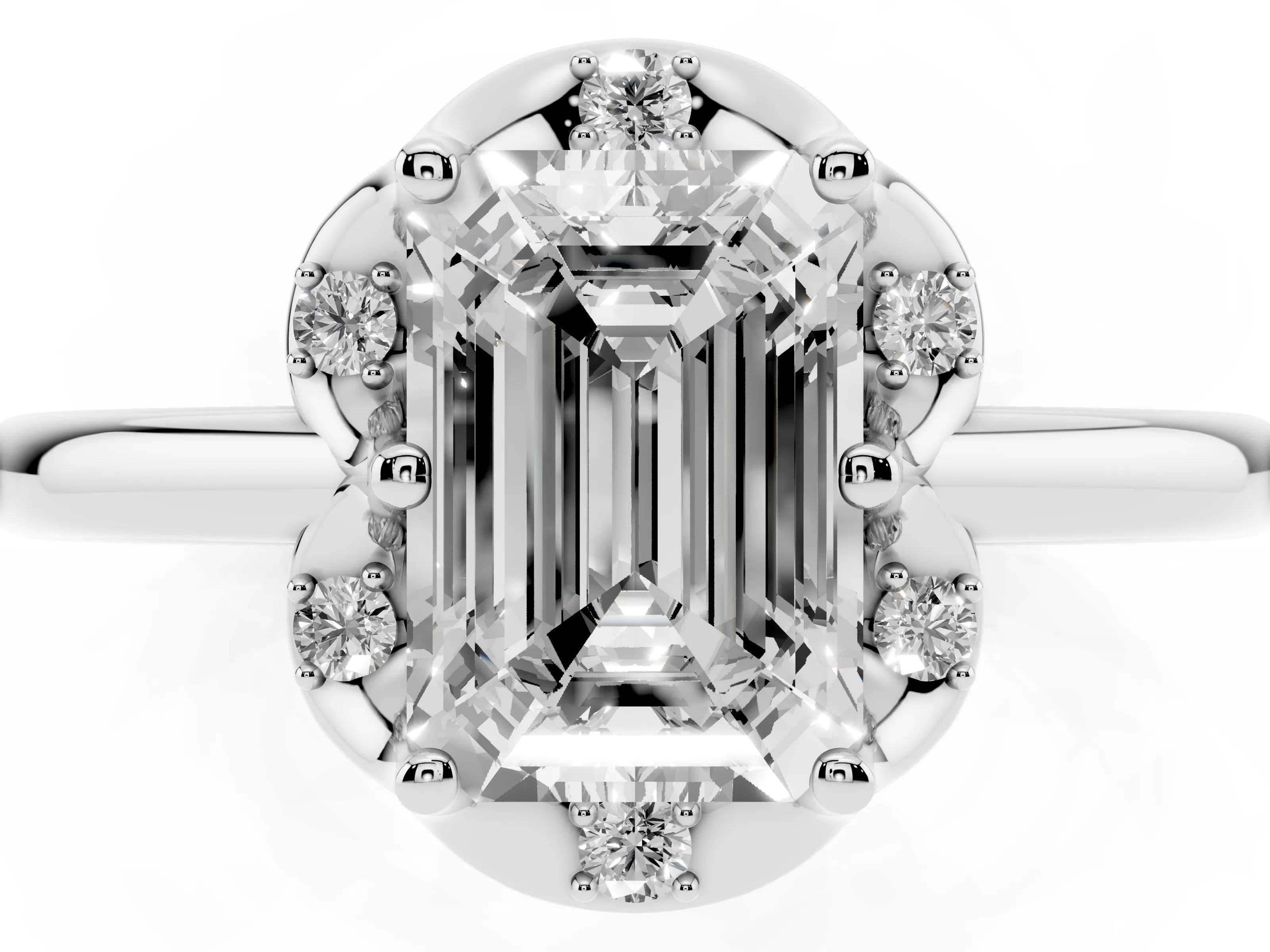 Emerald Cut Diamond Round Cluster Halo Ring Set in Platinum with Solitaire Band and Prong Setting