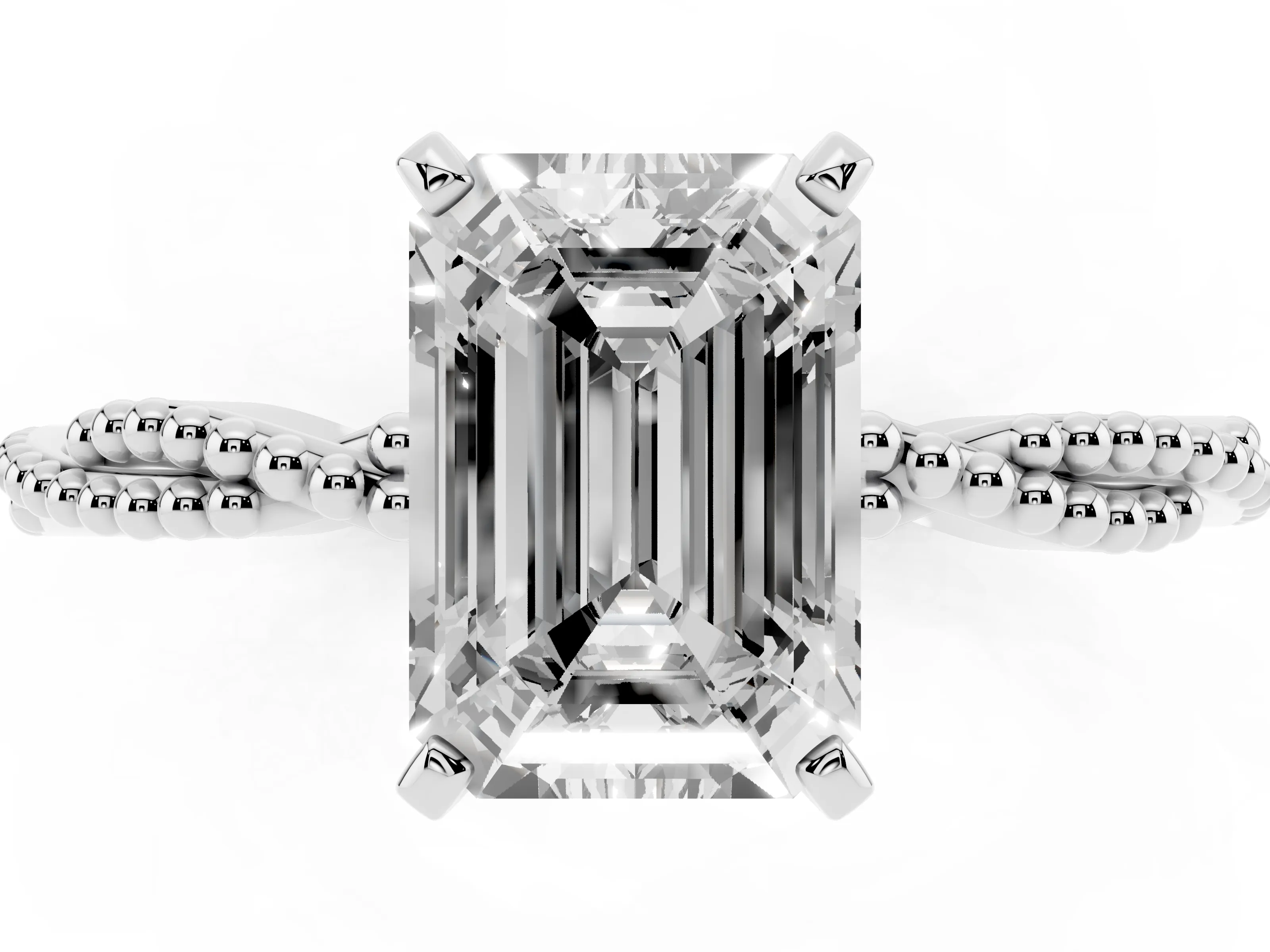 Emerald Cut Diamond Solitaire Ring Set in Platinum with Twisted Band and Bead Prong Setting