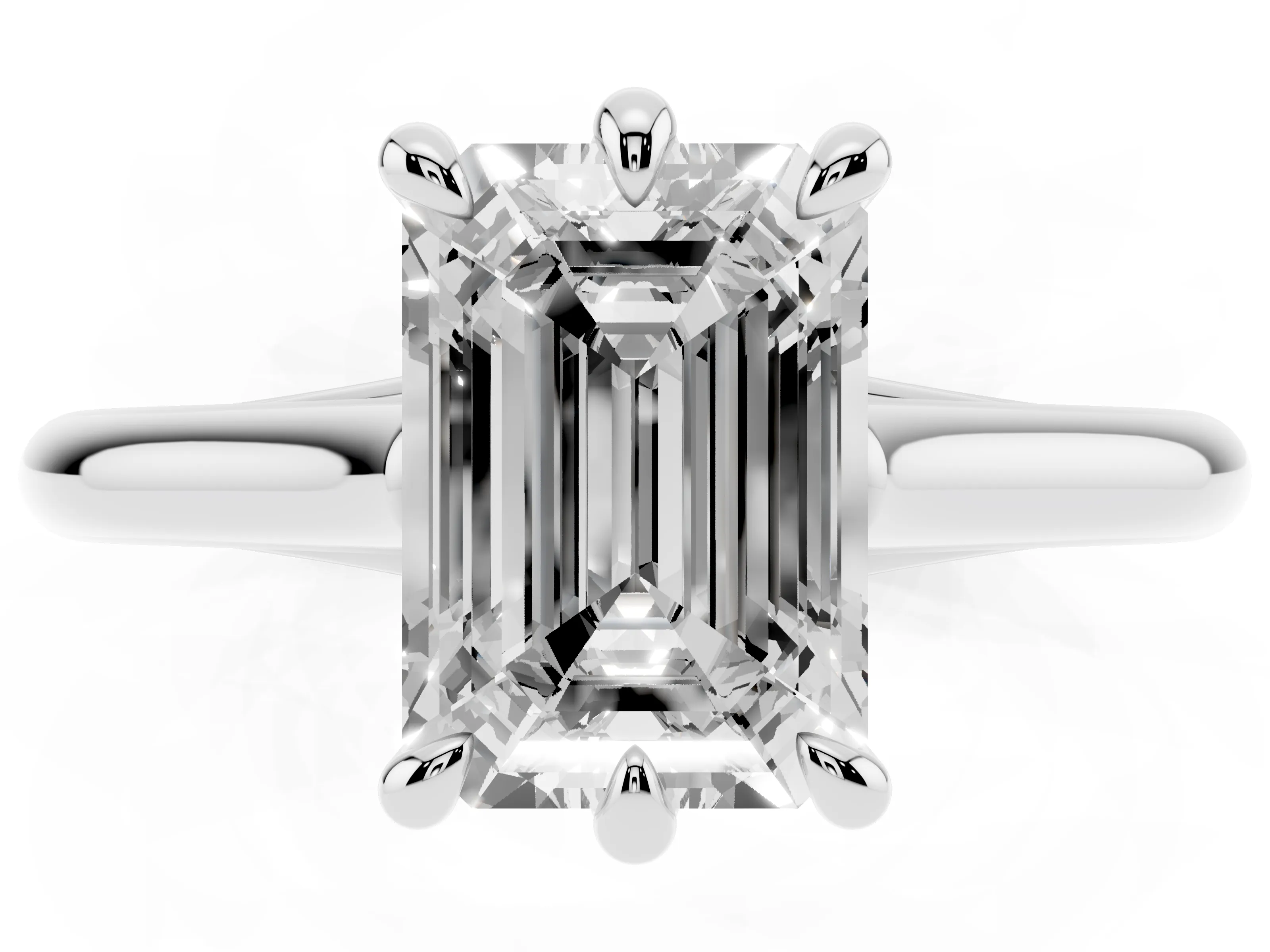 Emerald Cut Diamond Solitaire Engagement Ring Set in Silver with Prong Setting and Plain Classic Band
