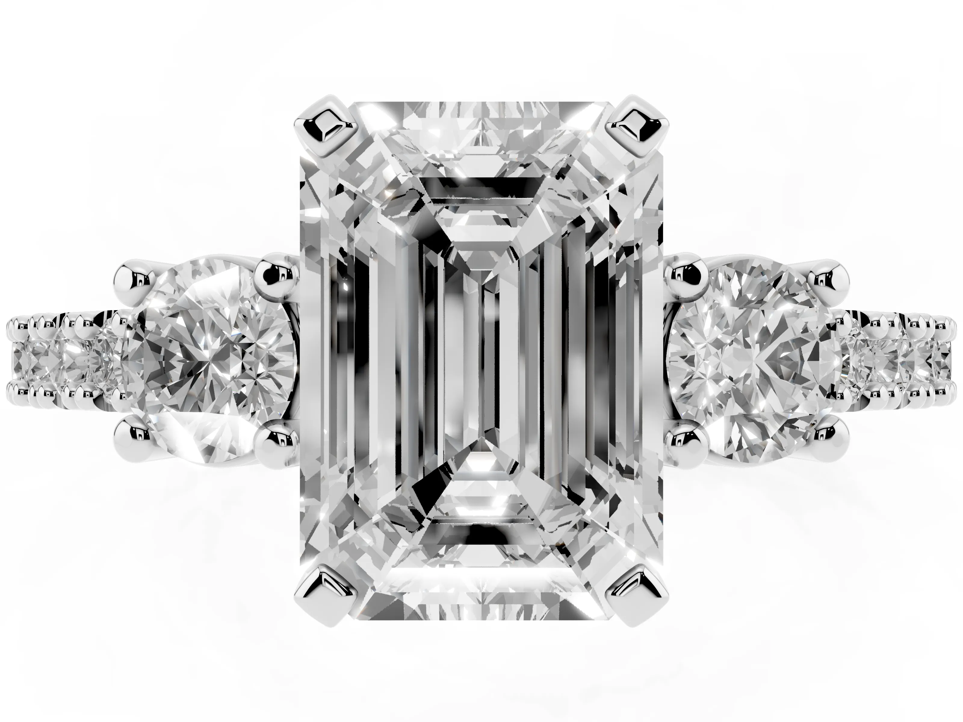 Three-Stone Emerald Cut Diamond Pavé Band Ring Set in Platinum with Prong Setting