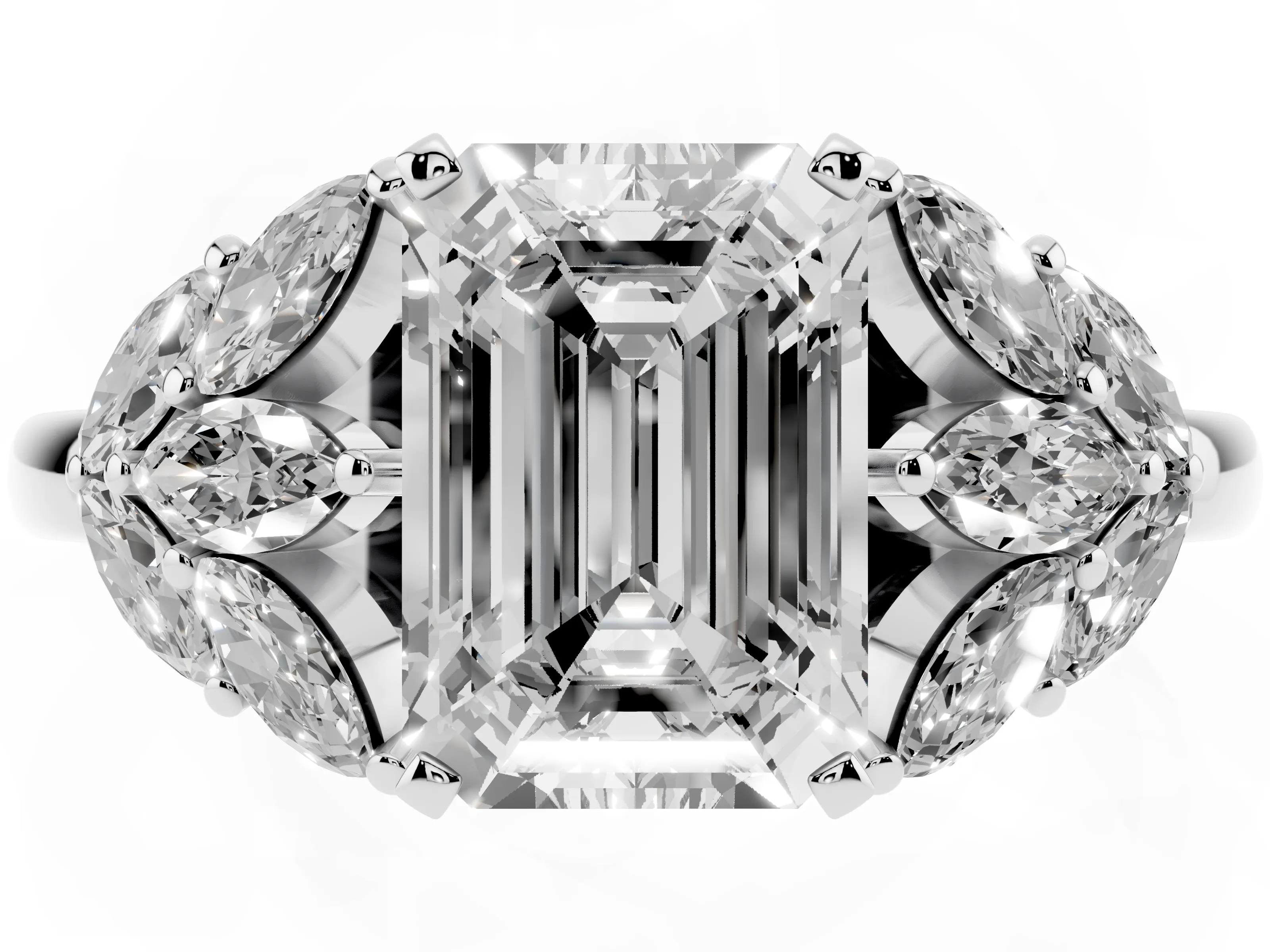 Emerald Cut Diamond Cluster Leaf Design Ring Set in Platinum with Prong Setting