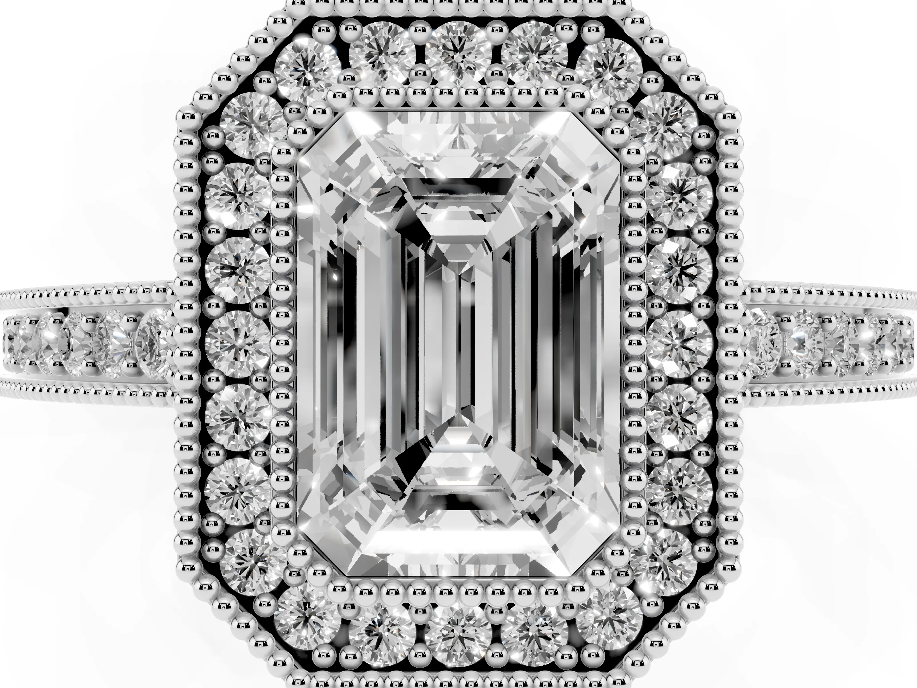 Emerald Cut Diamond Round Halo Ring Set in Platinum with Pavé Band
