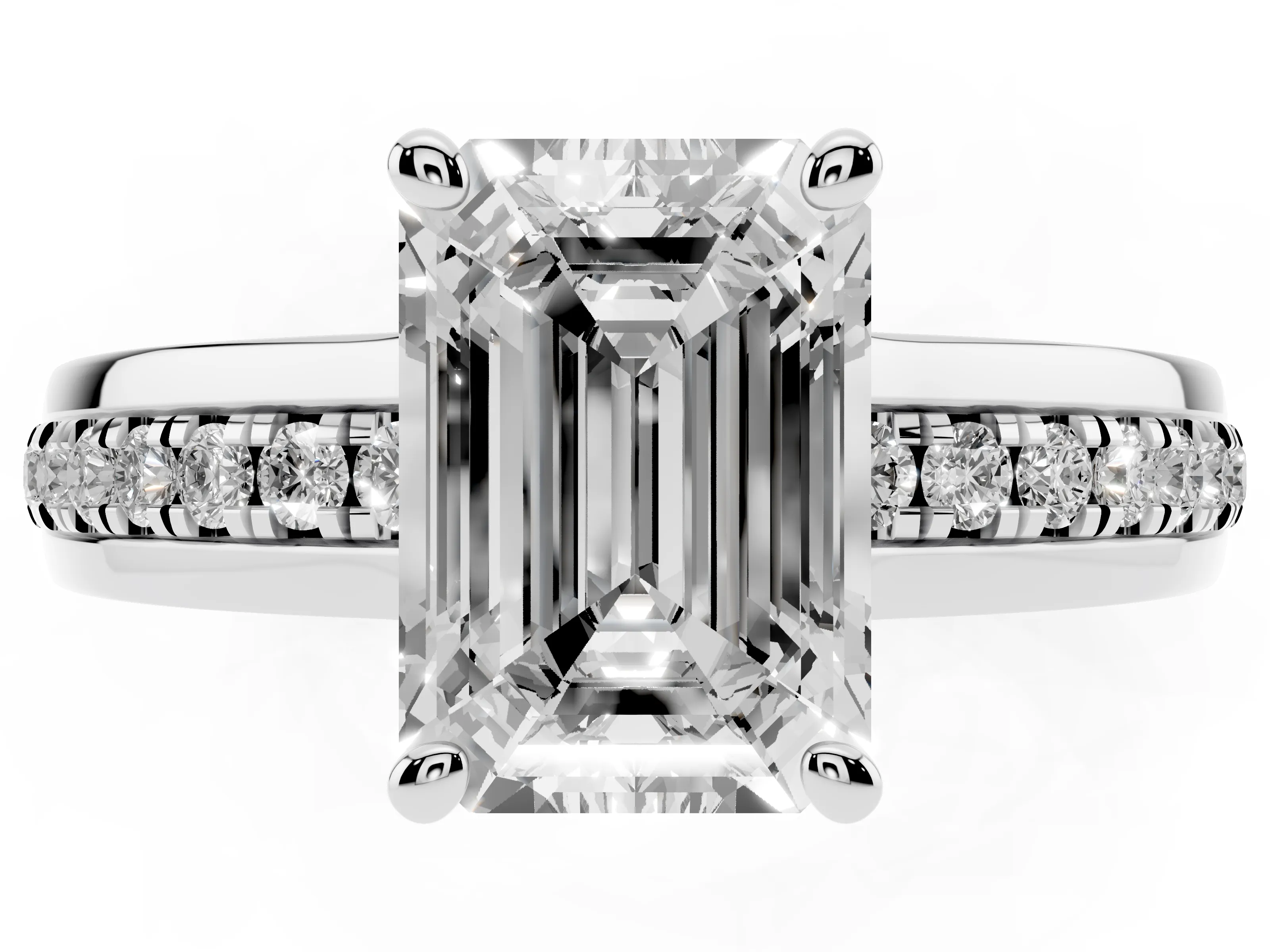 Emerald Cut Diamond Solitaire Ring Set in Platinum with Channel Set Band and Prong Setting