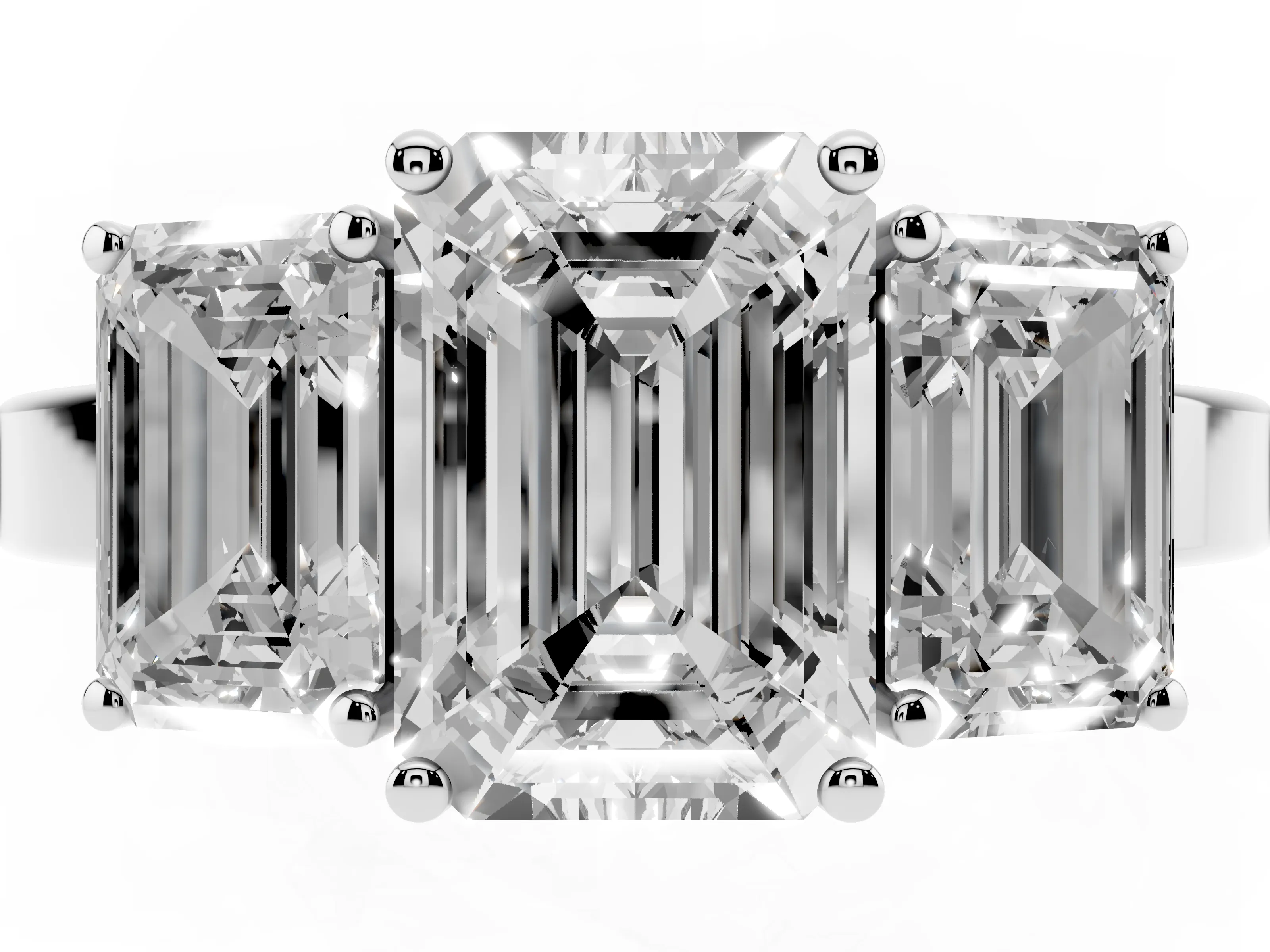 Emerald Cut Diamond Three-Stone Engagement Ring Set in Silver with Flat Band