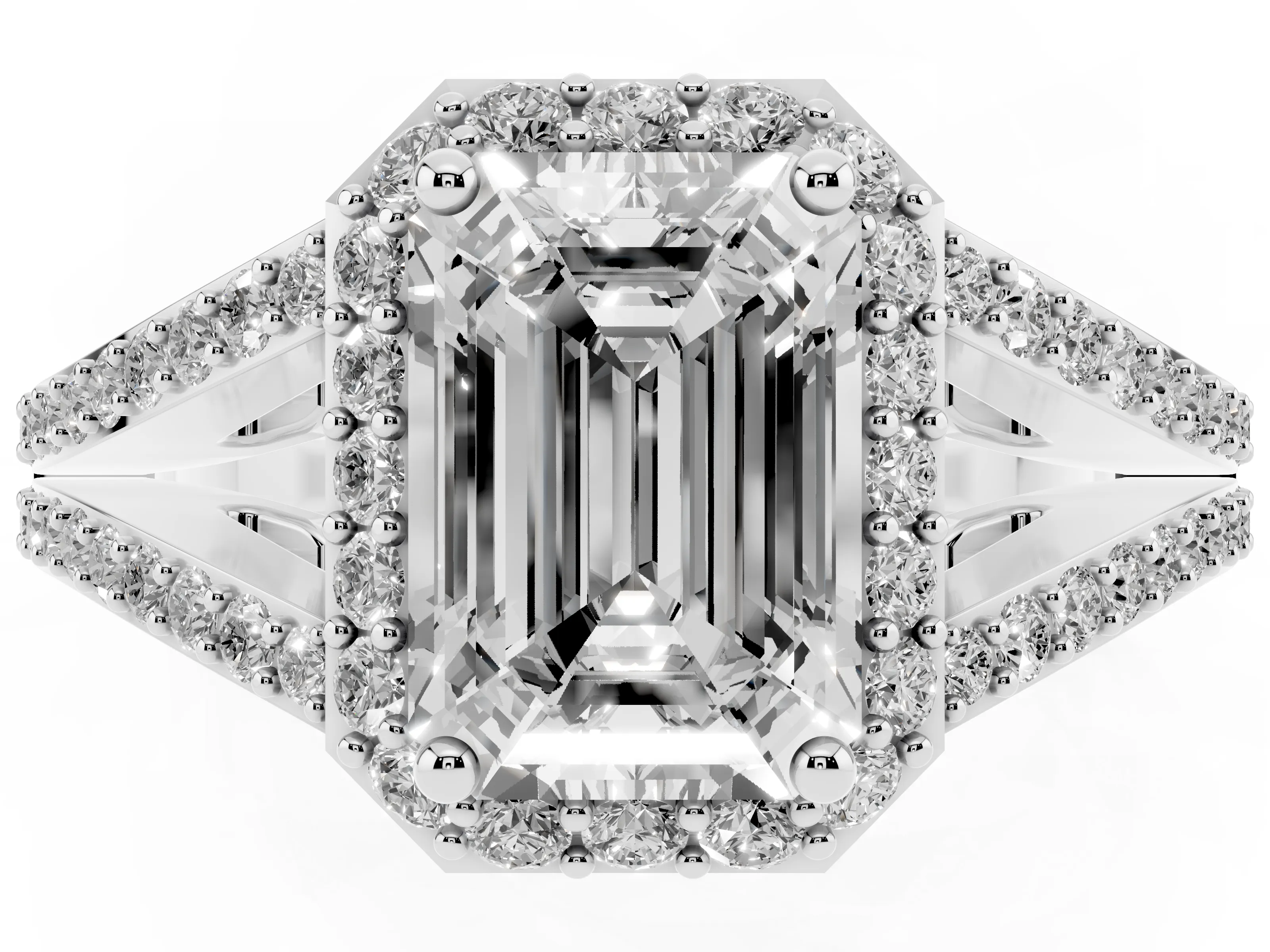 Emerald Cut Diamond Halo Split Shank Pavé Ring Set in Silver with Prong Setting
