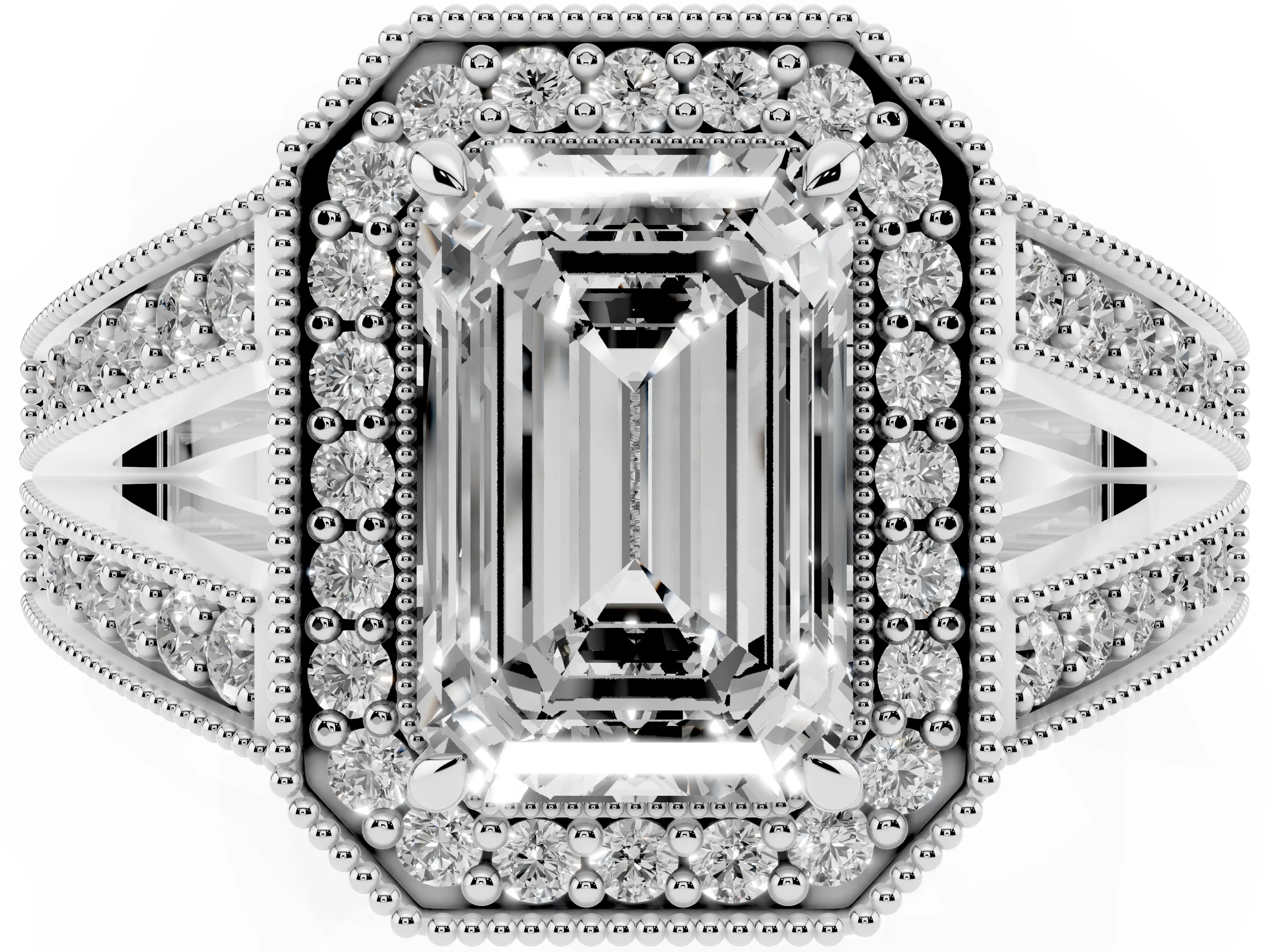 Emerald Cut Diamond Halo Ring Set in White gold with Stone-Set Split Shank and Milgrain Edges