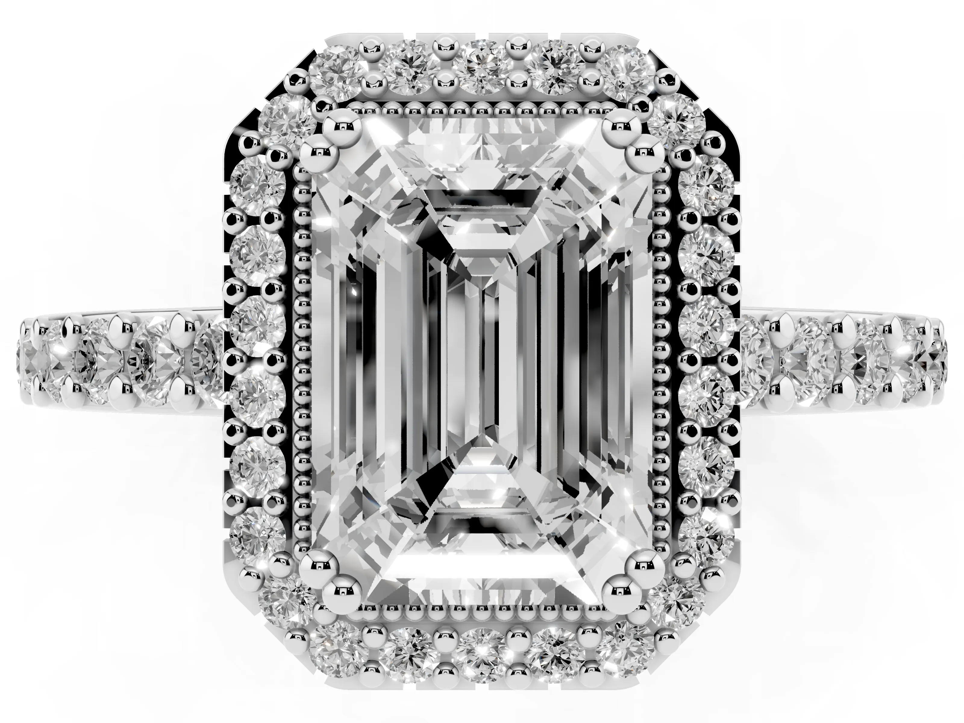 Emerald Cut Diamond Halo Engagement Ring Set in Platinum with Milgrain Detail and Pavé Band