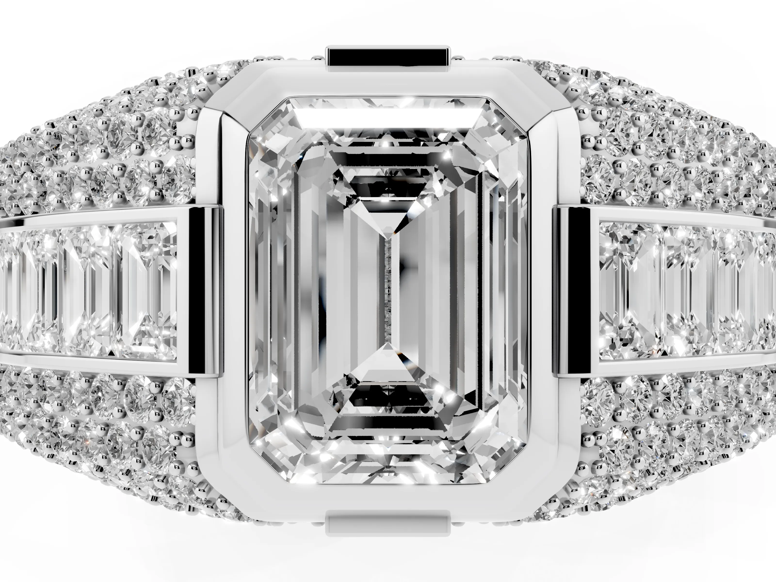 Emerald Cut Diamond Mens Ring Set in Platinum with Structured Side Stones and Pavé Shoulders
