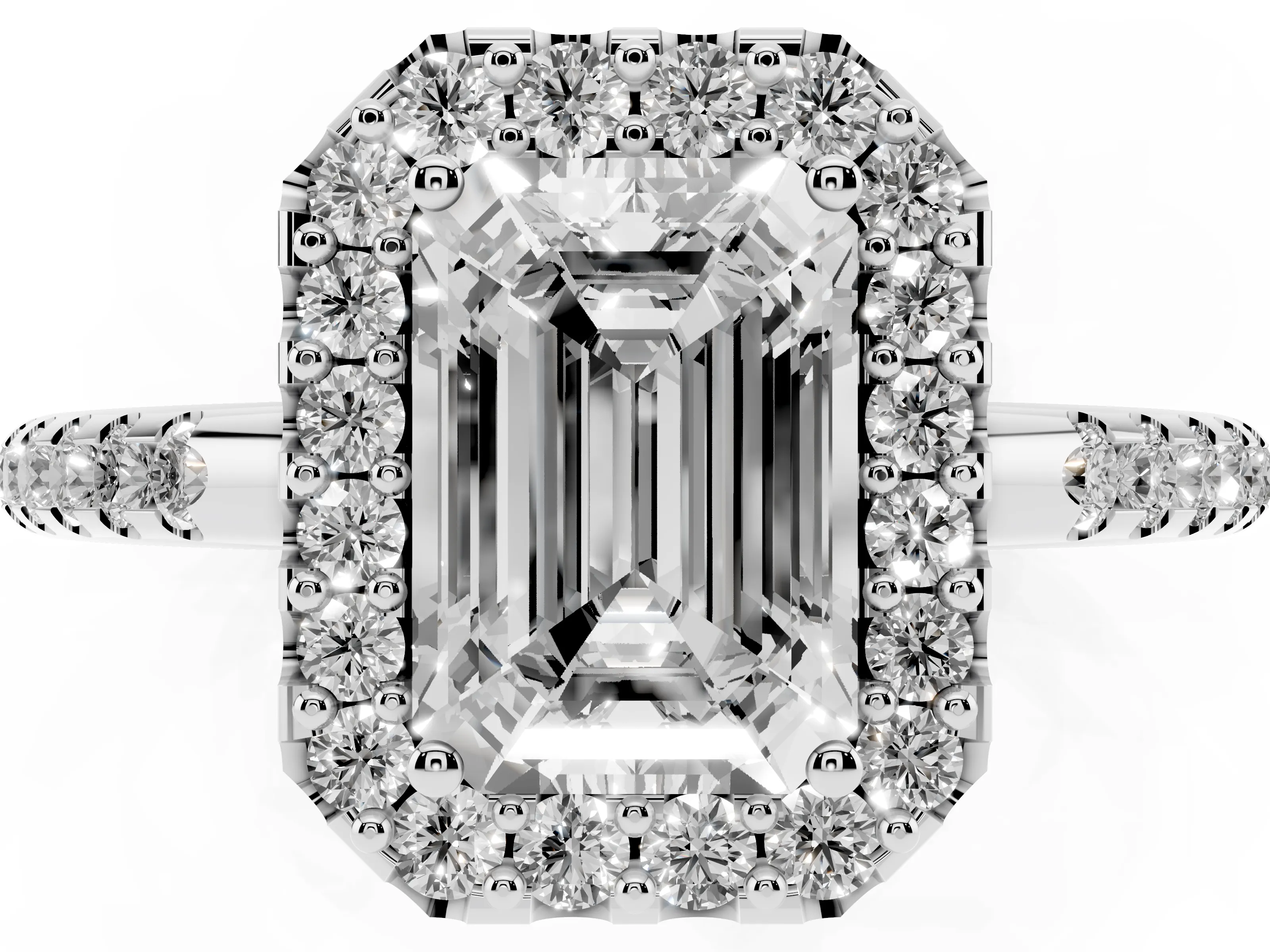 Emerald Cut Diamond Pavé Halo Ring Set in Silver with Prong Setting