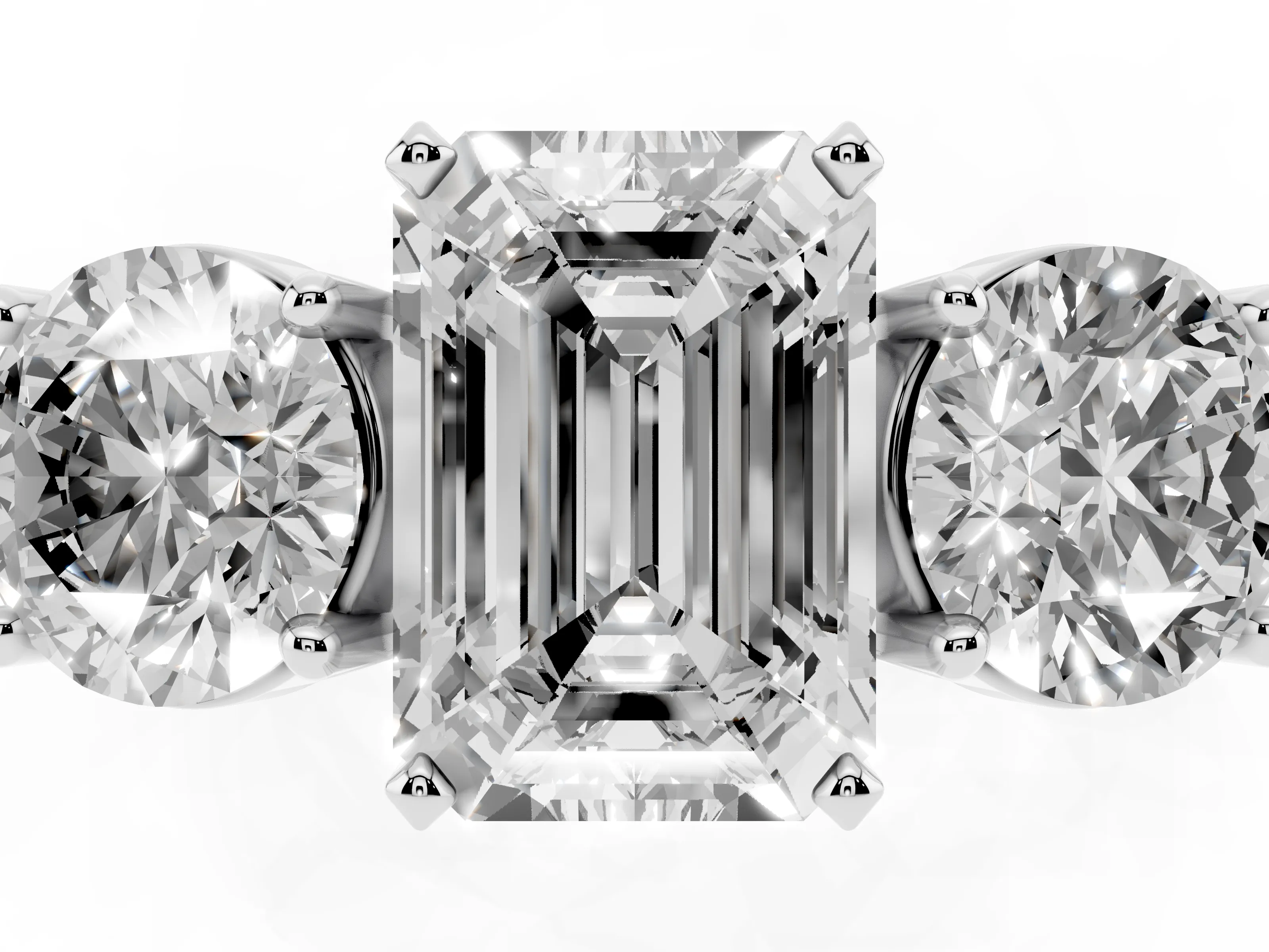 Emerald Cut Diamond Three-Stone Ring Set in White gold with Round Side Stones and Classic Band