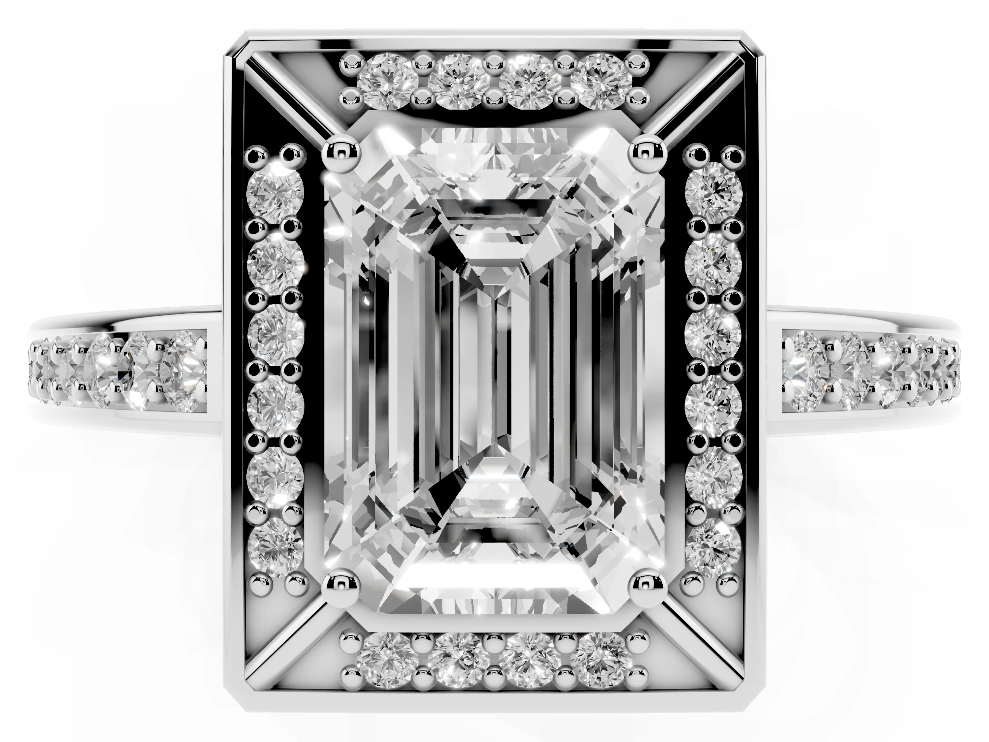 Emerald Cut Diamond Halo Pavé Split Shank Ring Set in Silver with Prong Setting