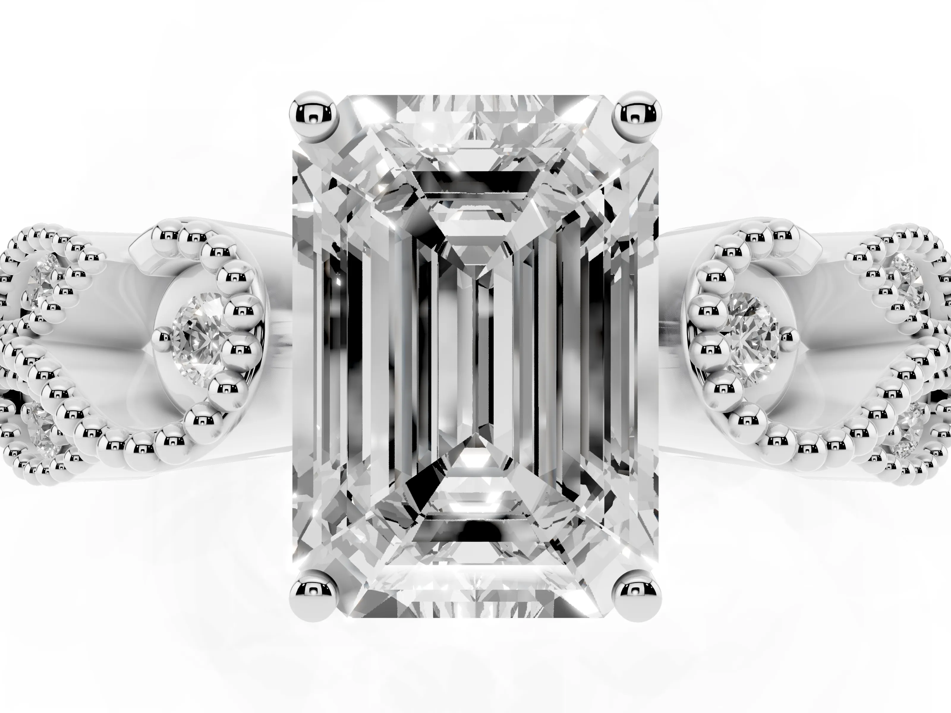 Emerald Cut Diamond Milgrain Leaf Band Solitaire Ring Set in White gold with Accent Stones and Prong Setting