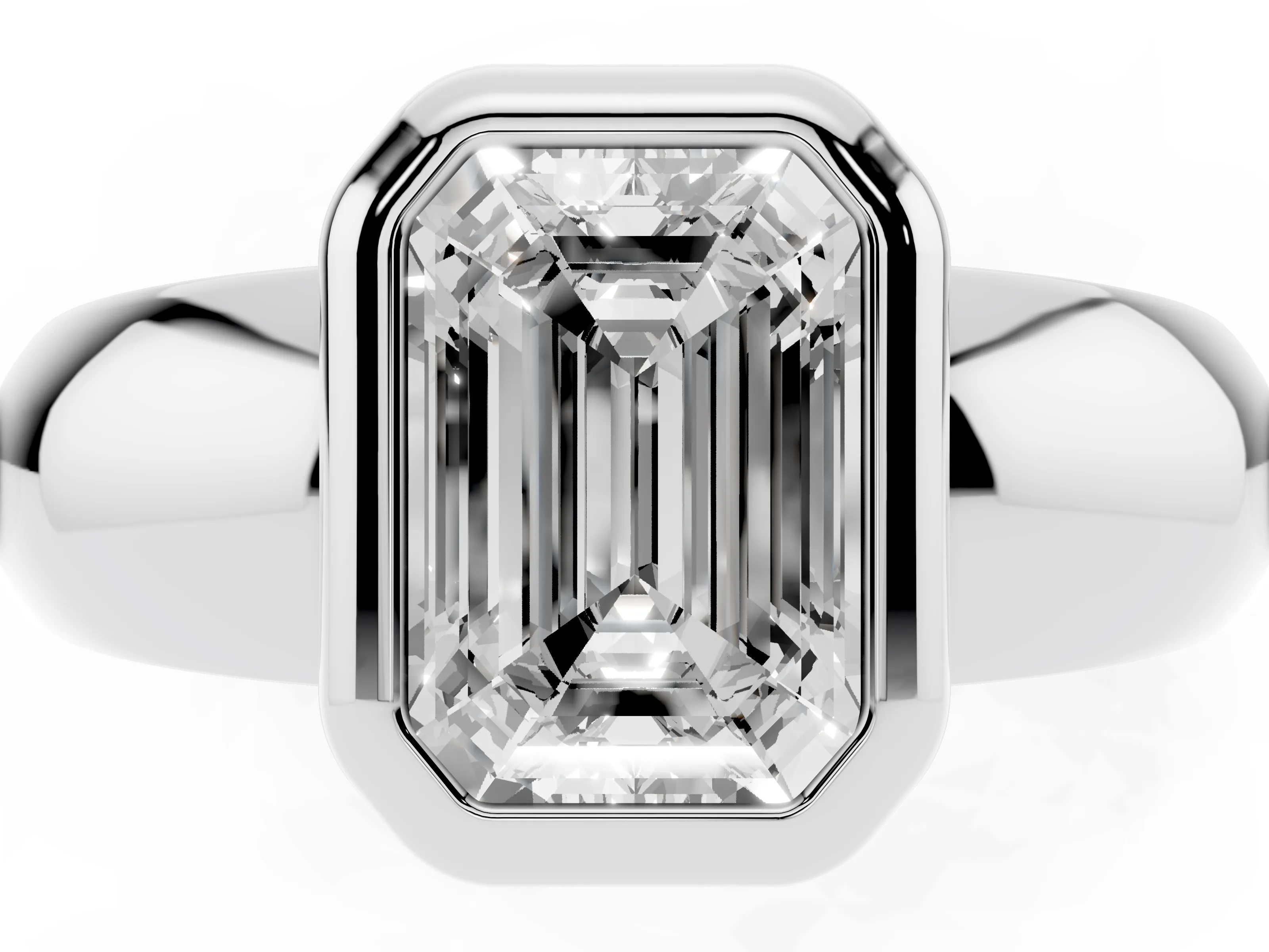 Bezel Set Emerald Cut Diamond Solitaire Ring Set in White gold with Wide Band