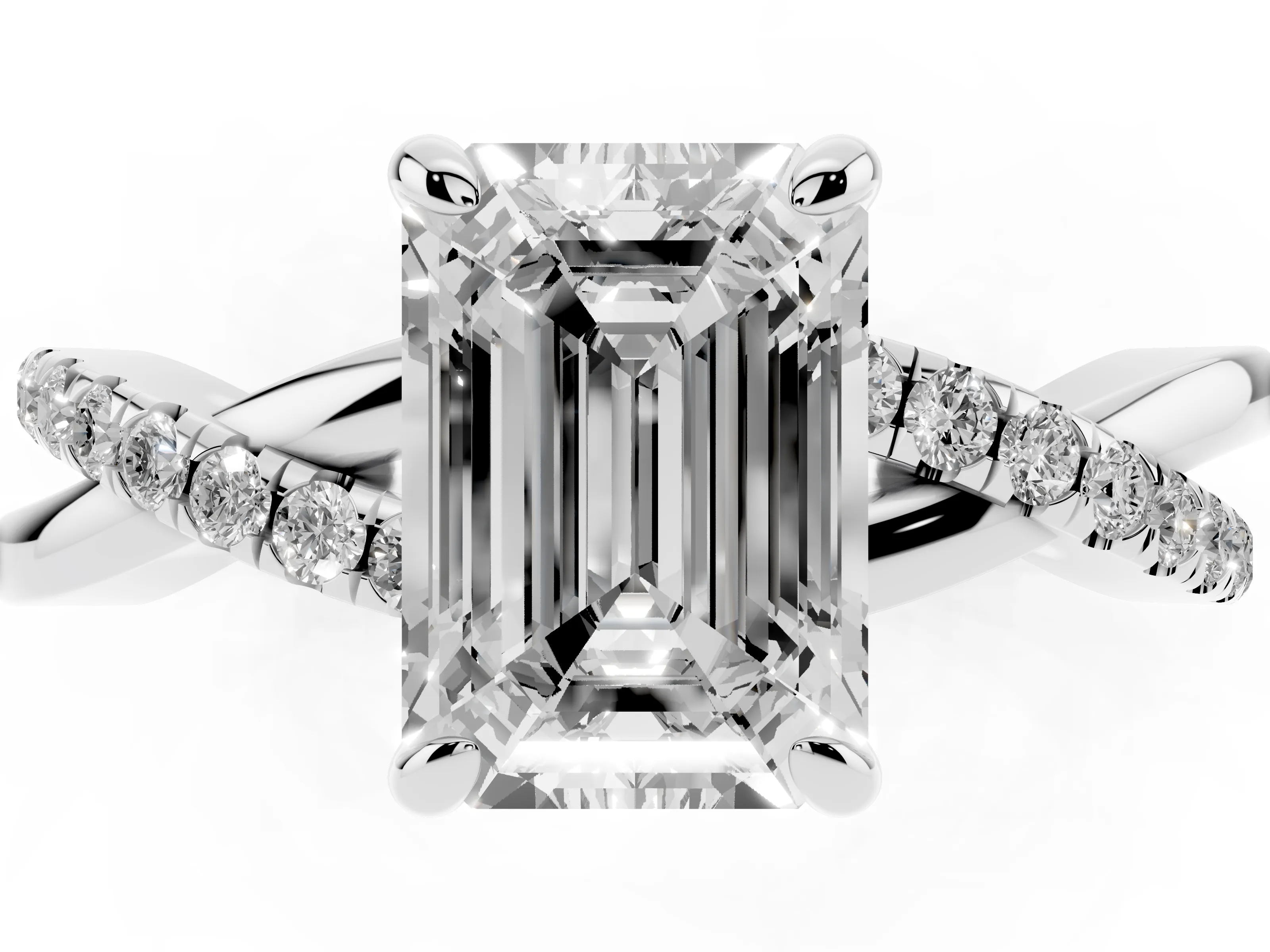 Emerald Cut Diamond Twist Band Pavé Solitaire Ring Set in Silver with Prong Setting