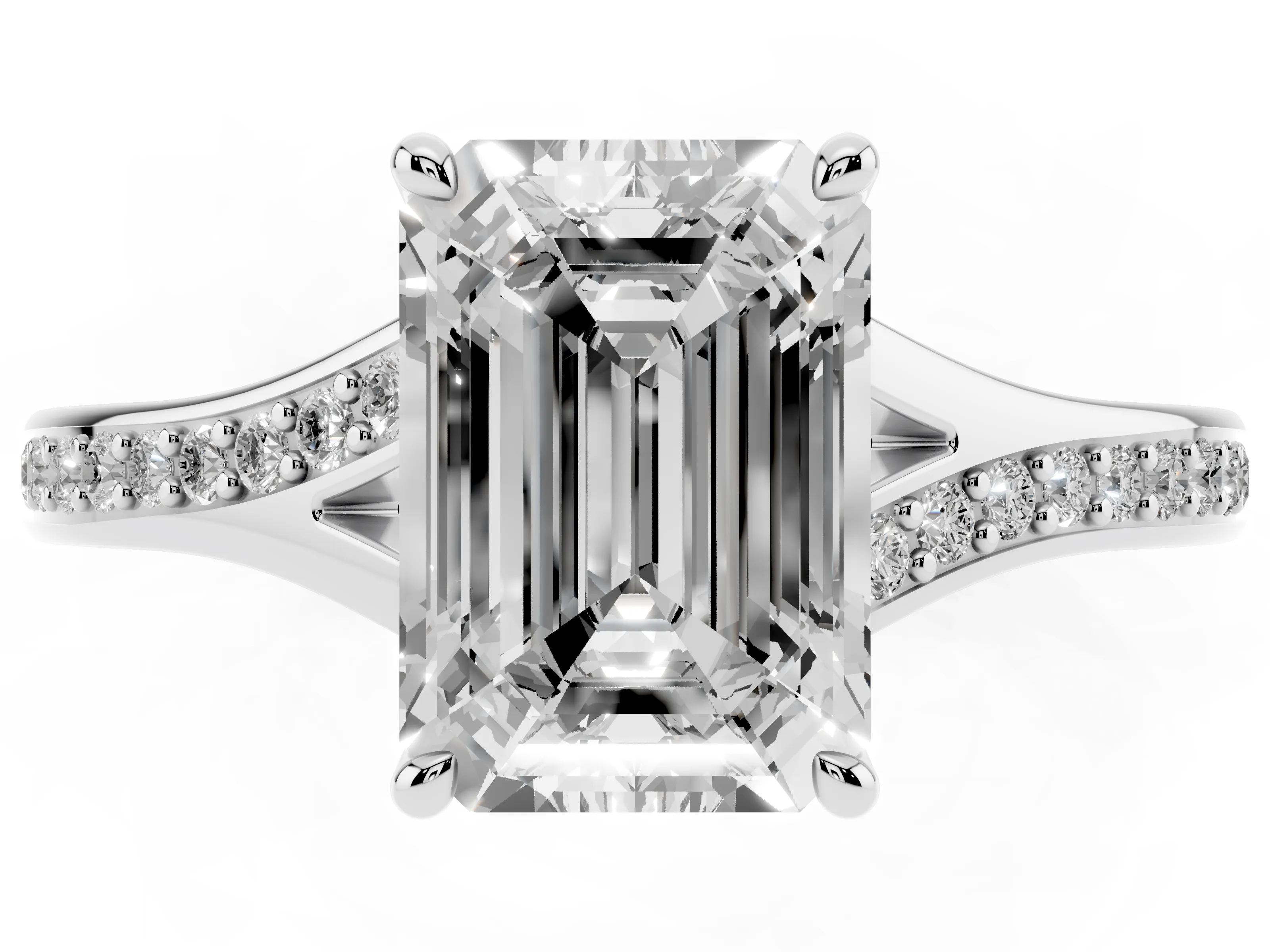 Emerald Cut Diamond Solitaire Ring Set in Silver with Pavé Accent Band and Classic Prong Setting
