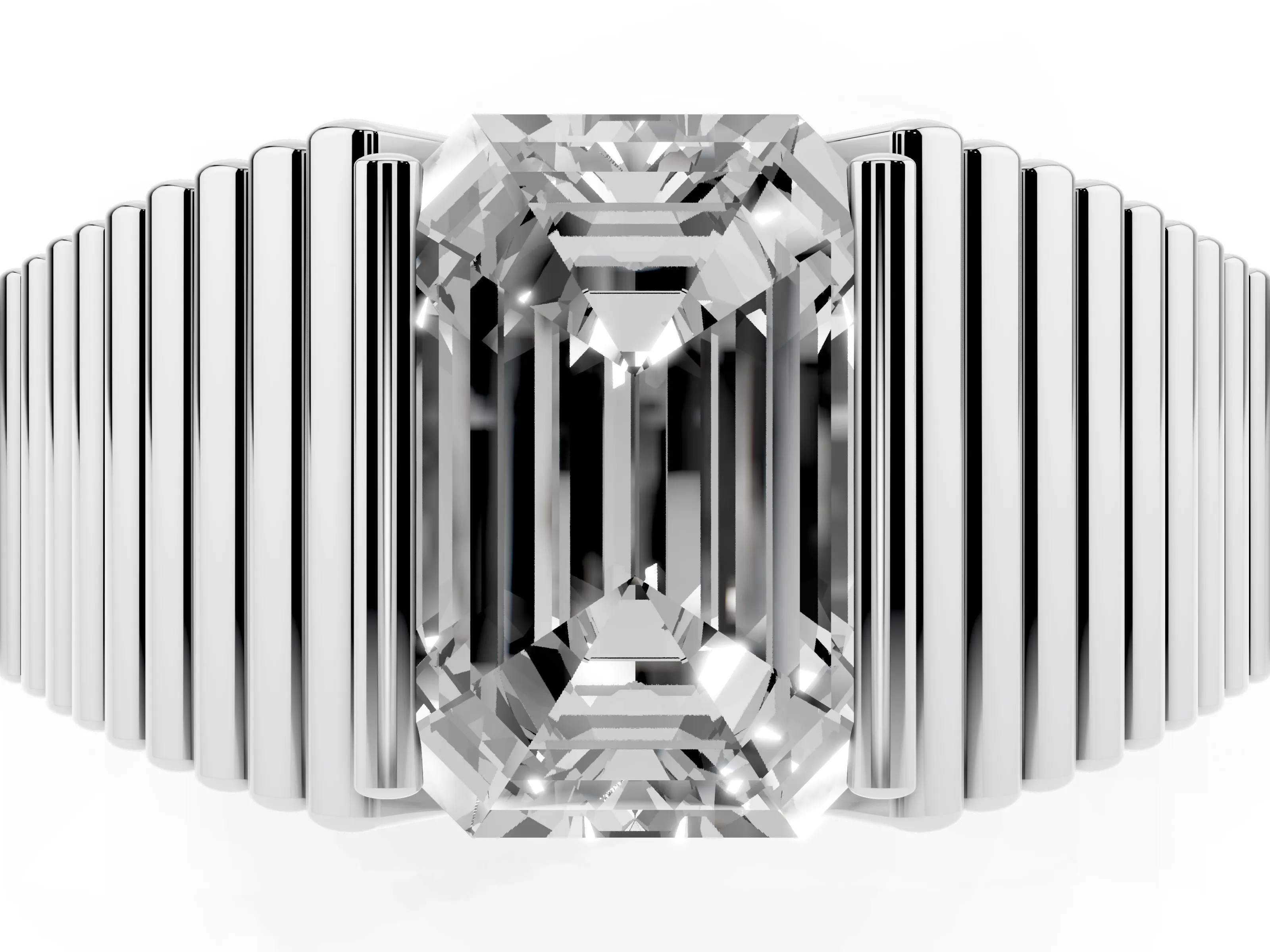 Emerald Cut Diamond Mens Ring Set in Silver with Fluted Band