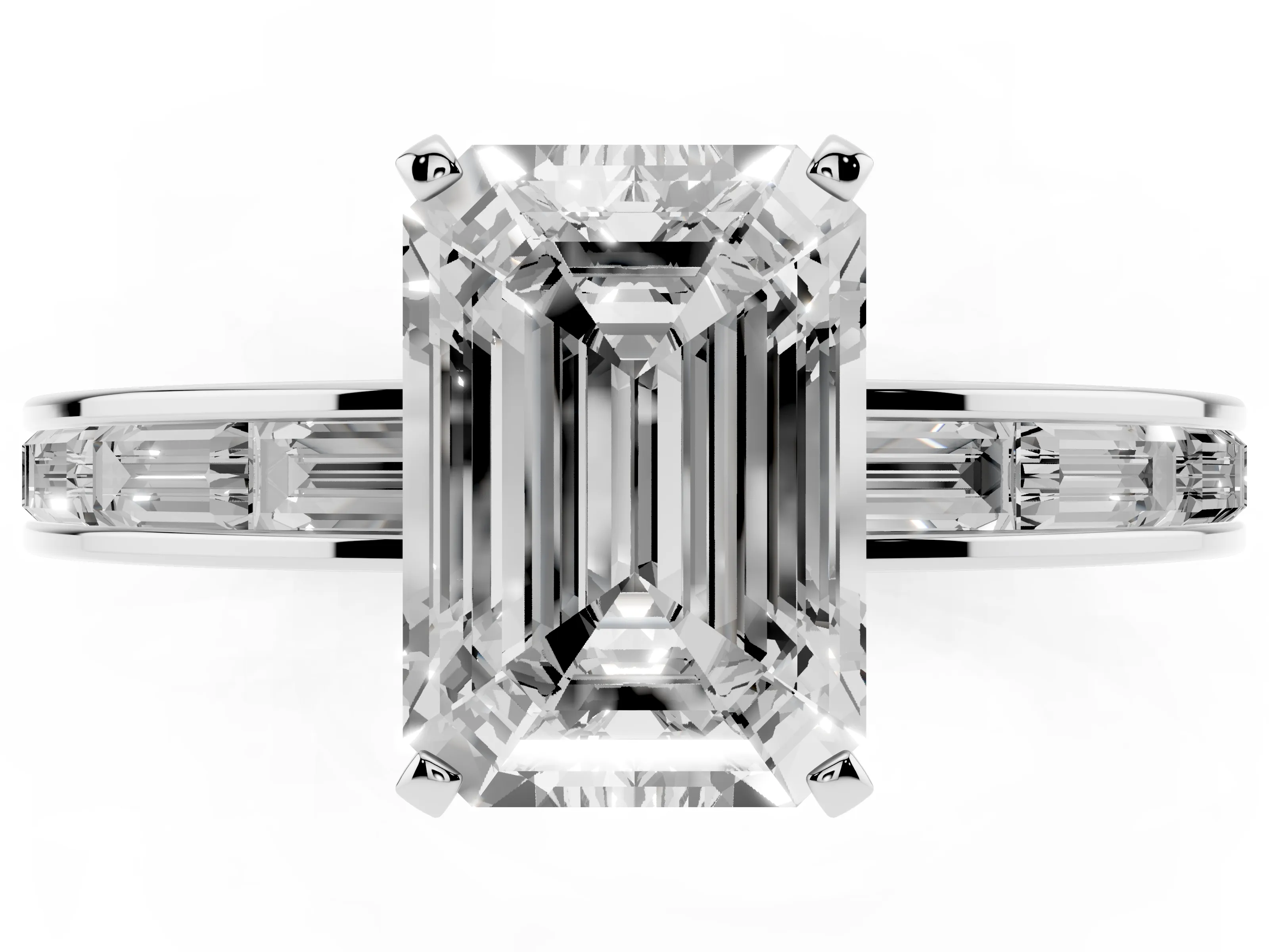 Emerald Cut Diamond Solitaire Ring Set in White gold with Channel-Set Baguette Band and Prong Setting