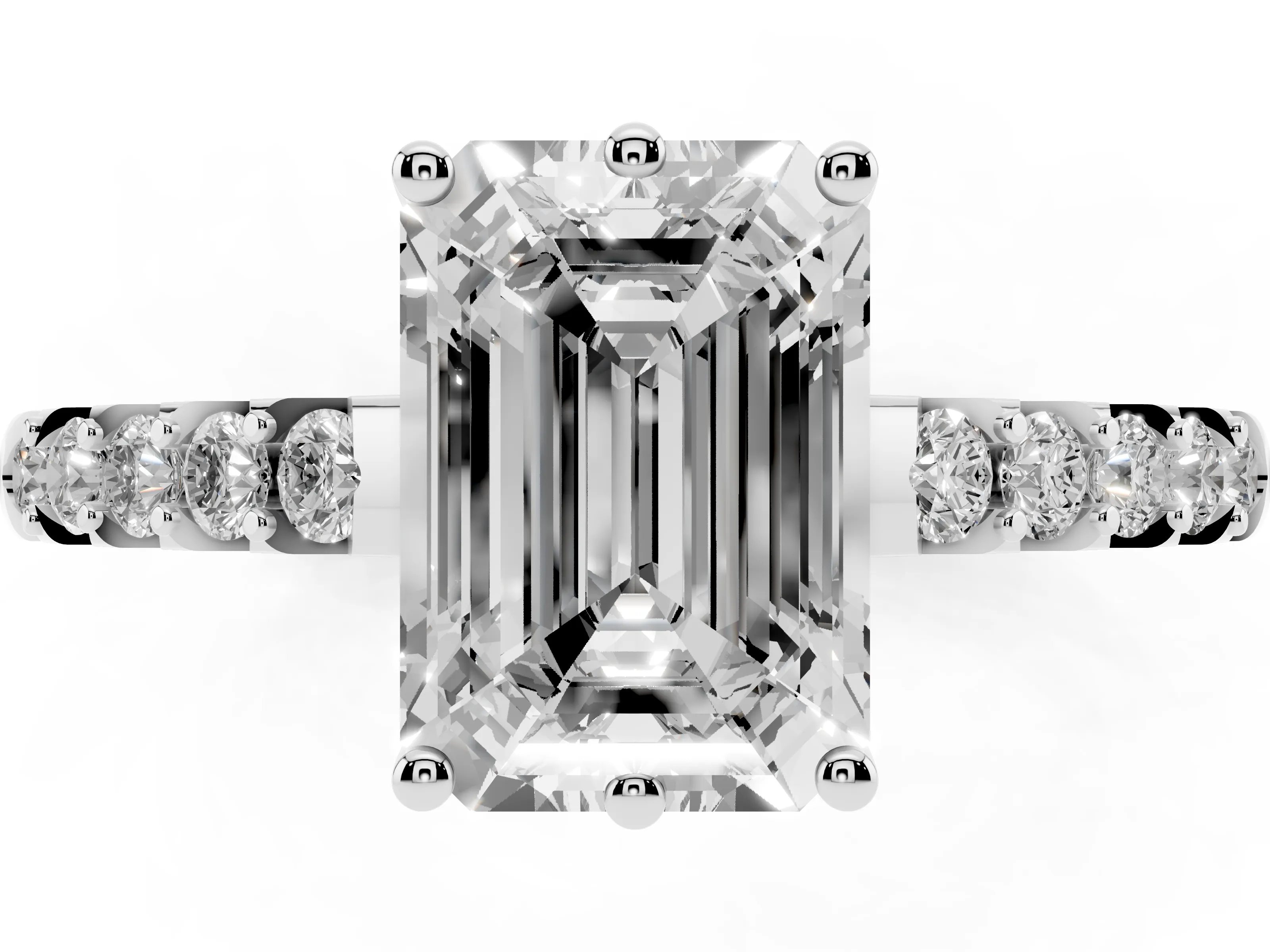Emerald Cut Diamond Solitaire Engagement Ring Set in Platinum with Pavé Band and Prong Setting