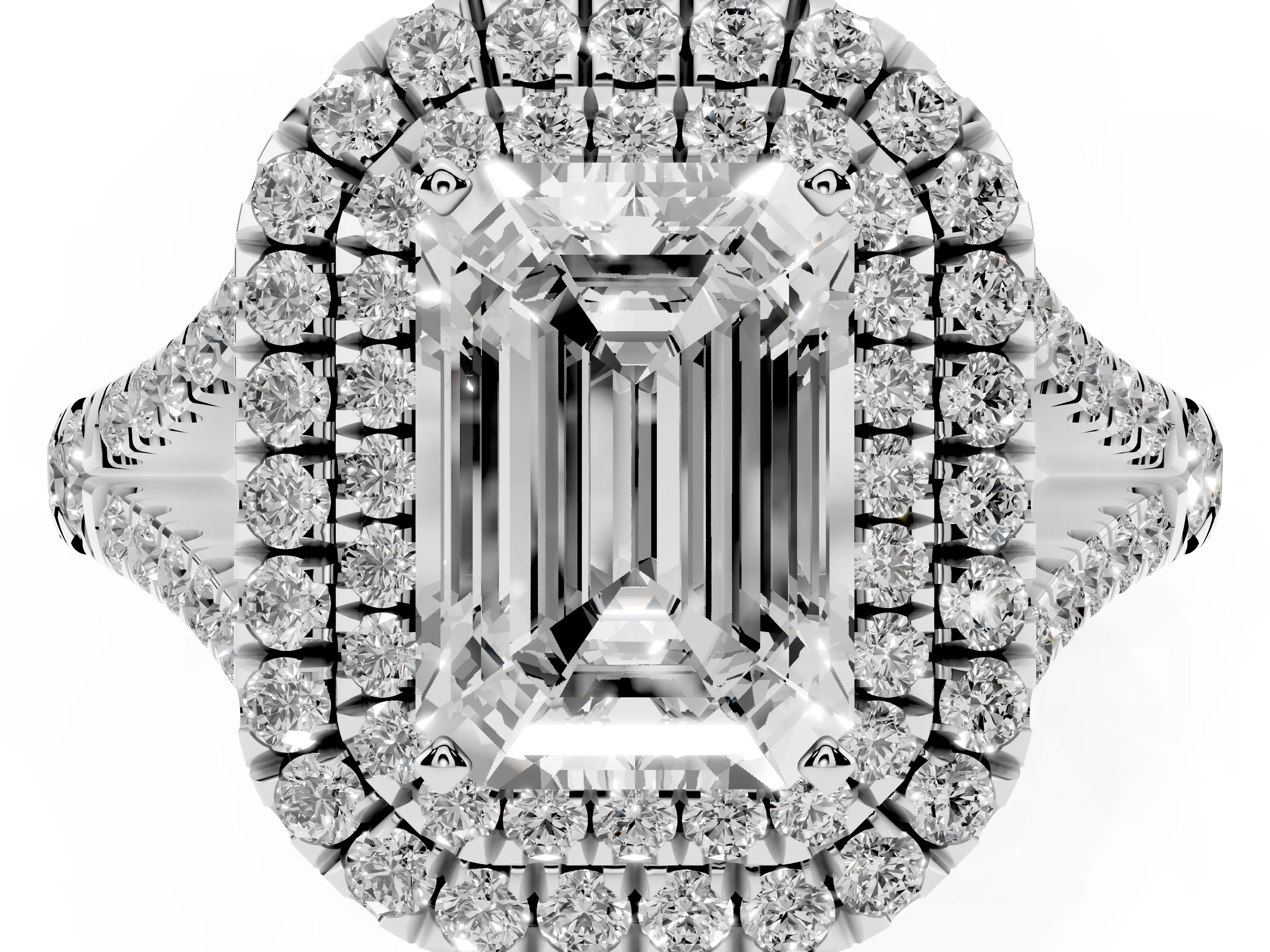 Emerald Cut Diamond Pavé Split Shank Double Halo Engagement Ring Set in White gold