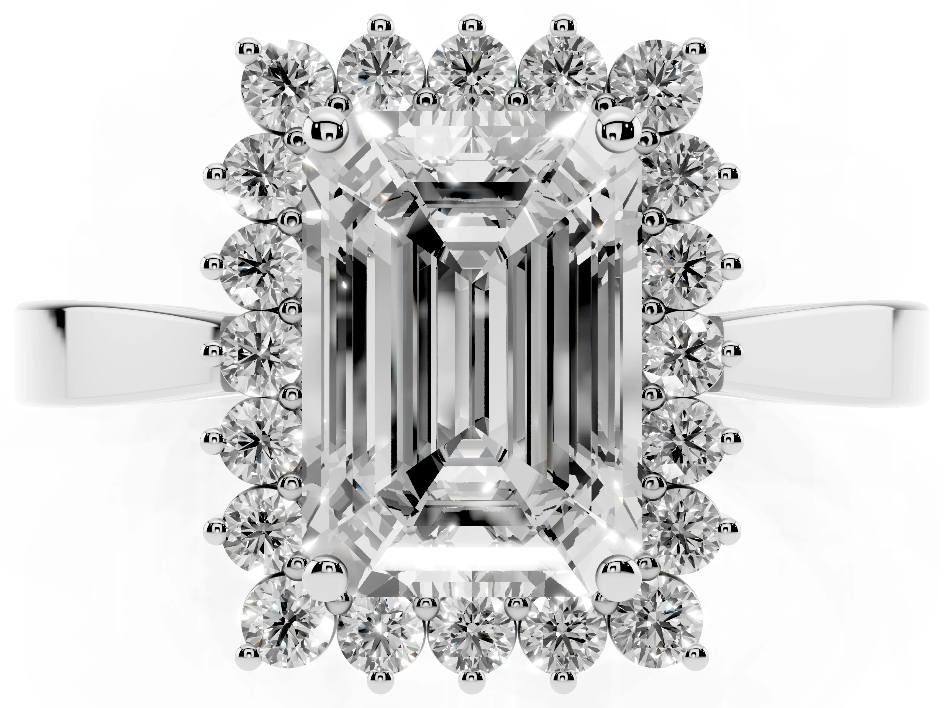 Emerald Cut Diamond Halo Ring Set in White gold with Round Halo and Smooth Solitaire Band