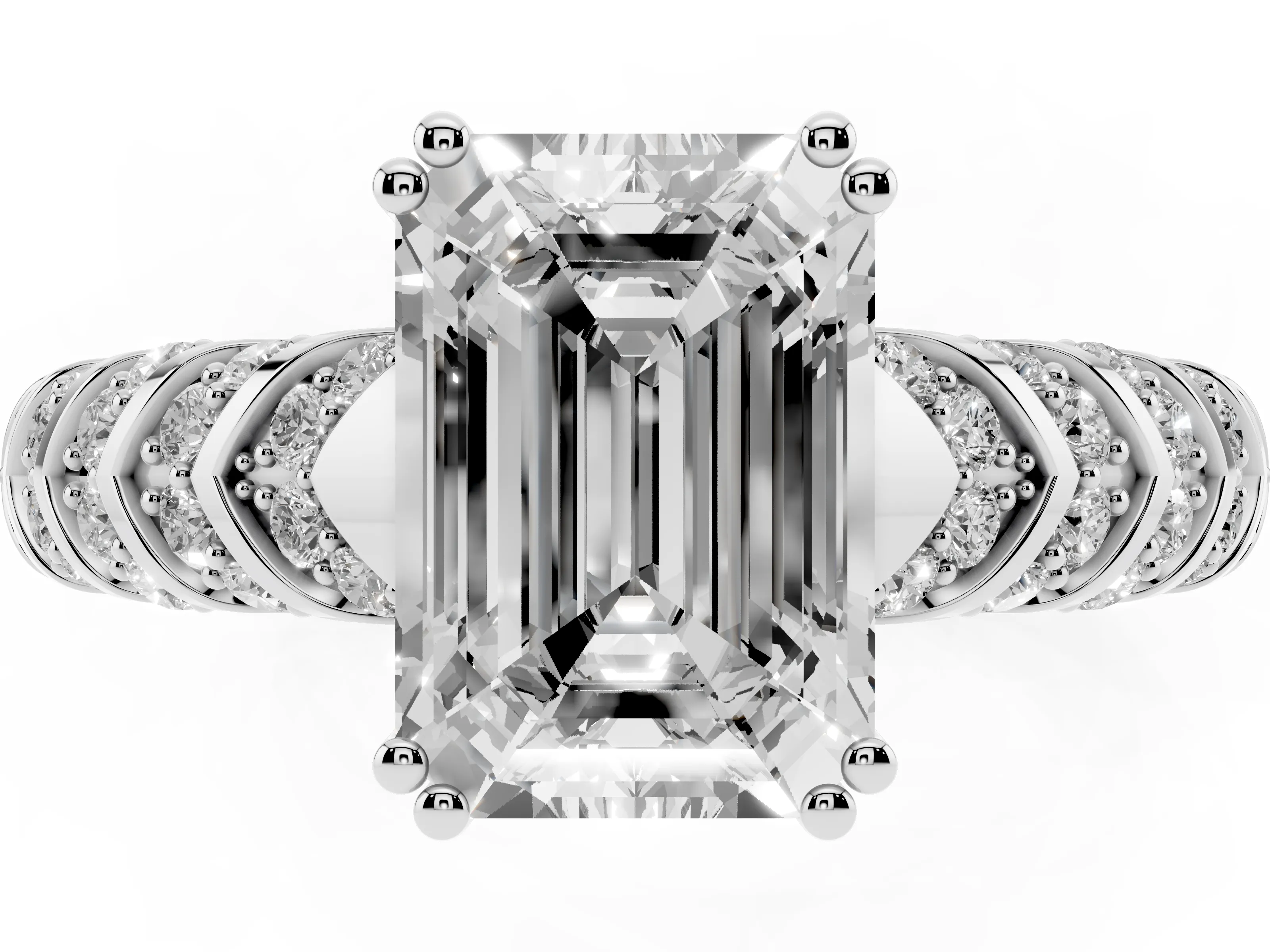 Emerald Cut Diamond Solitaire Chevron Pavé Engagement Ring Set in Silver with Prong Setting
