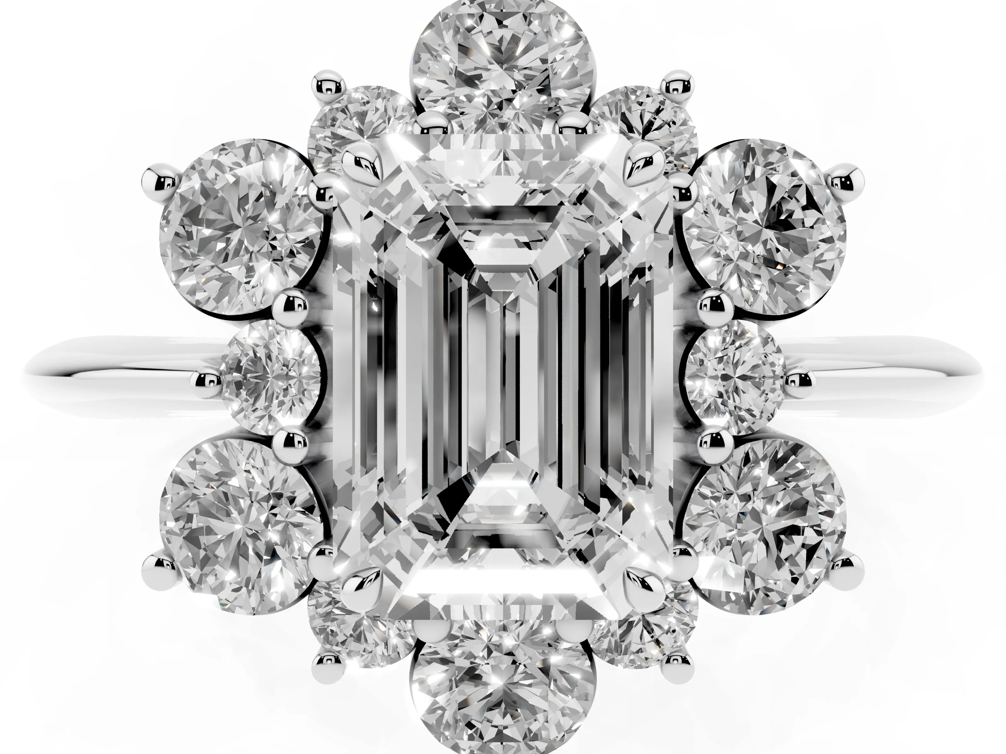 Emerald Cut Diamond Cluster Halo Ring Set in White gold with Solitaire Band and Prong Setting