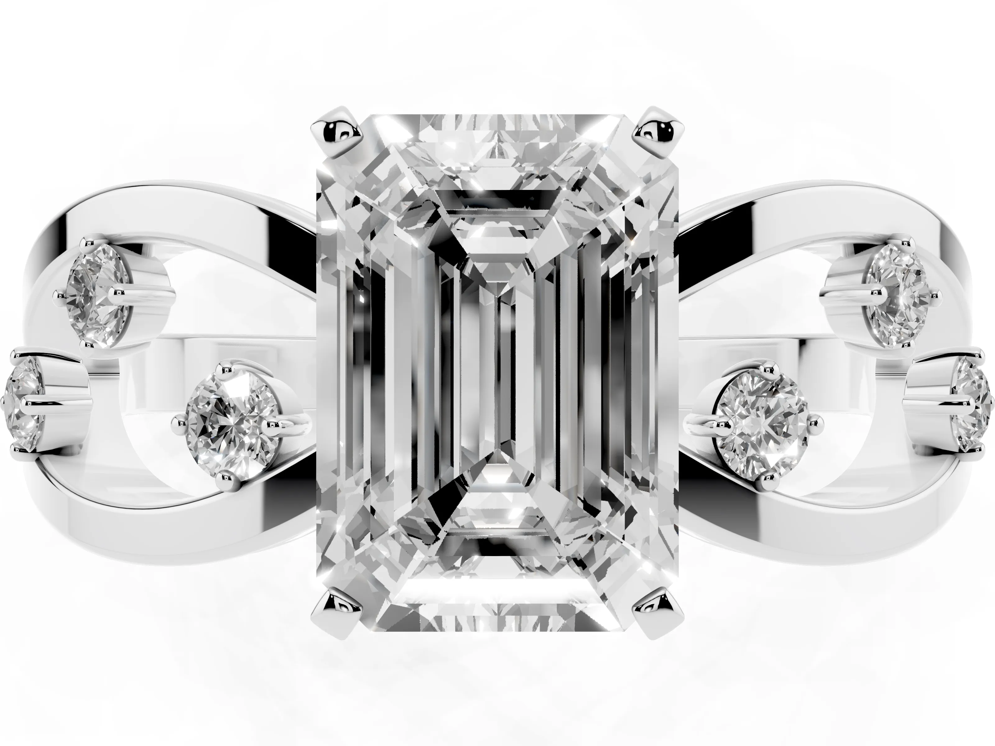 Emerald Cut Diamond Solitaire Ring Set in Platinum with Side Stones on Criss-Cross Band and Prong Setting