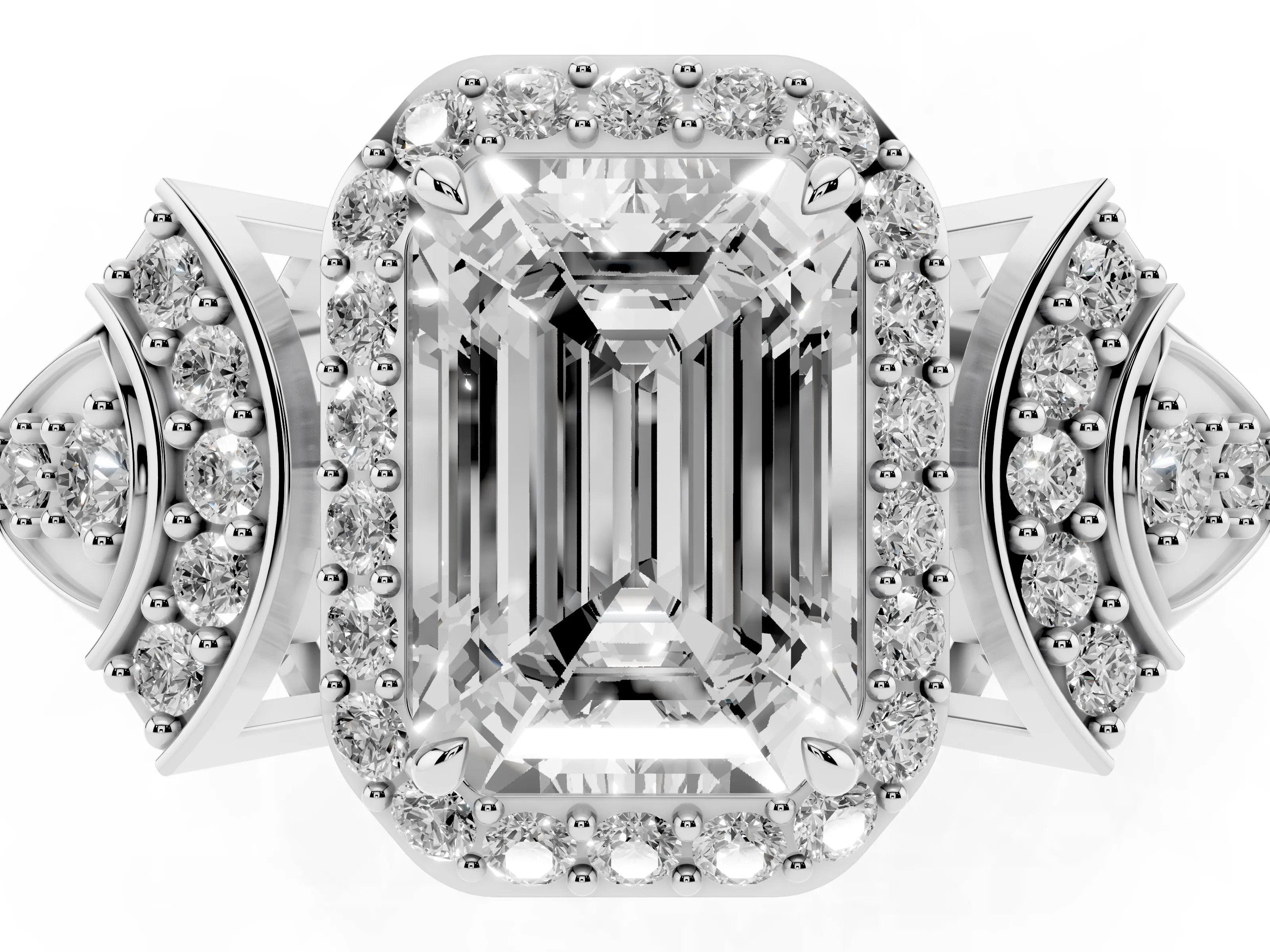 Emerald Cut Diamond Halo Engagement Ring Set in Silver with Accent Stone Split Shank