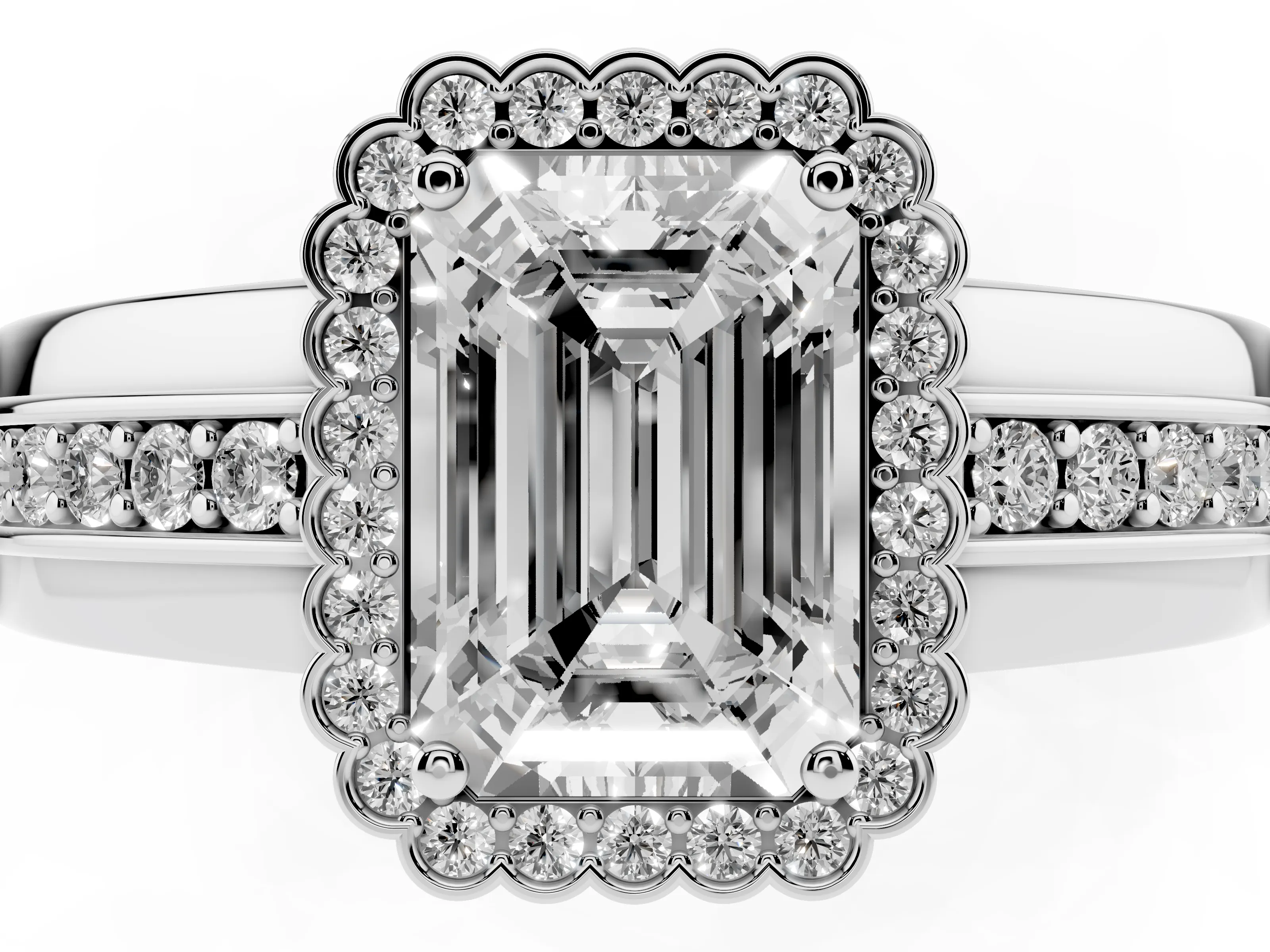 Emerald Cut Diamond Halo Prong Ring Set in White gold with Pavé Band