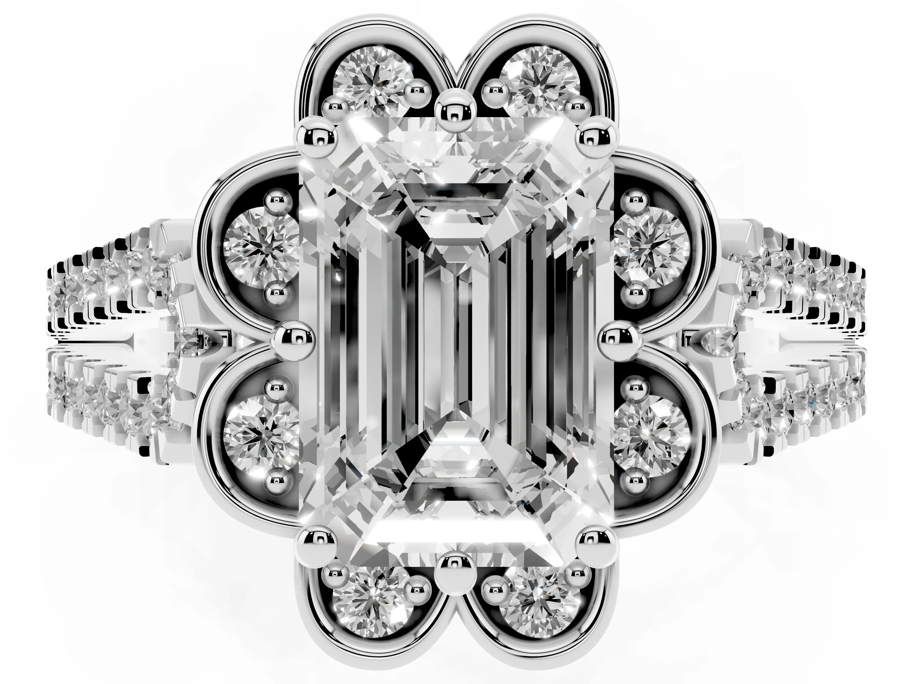 Emerald Cut Diamond Floral Halo Split Shank Engagement Ring Set in Silver with Pavé Shank