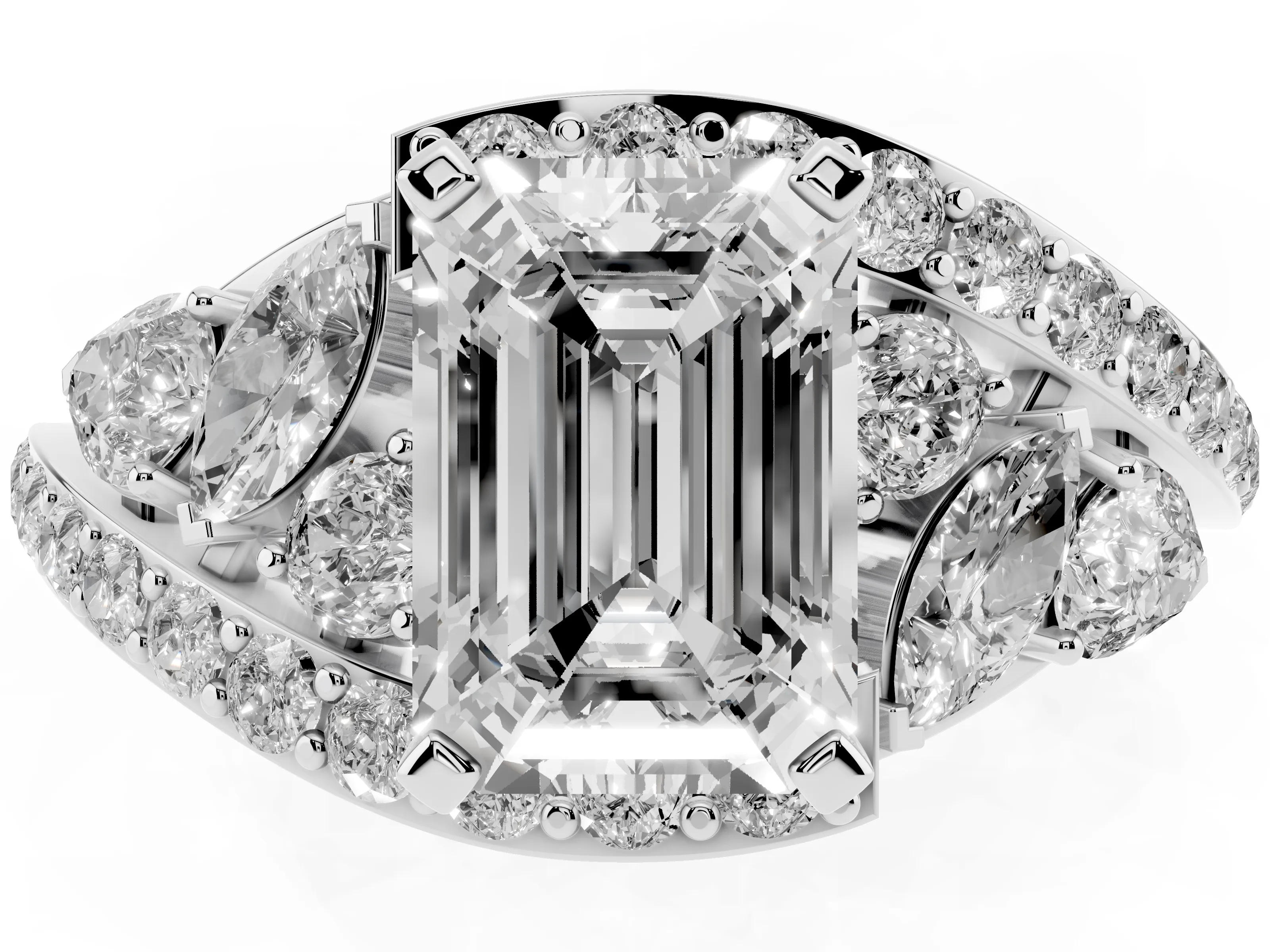 Emerald Cut Diamond Halo Ring Set in White gold with Marquise and Pavé Band in Prong Setting