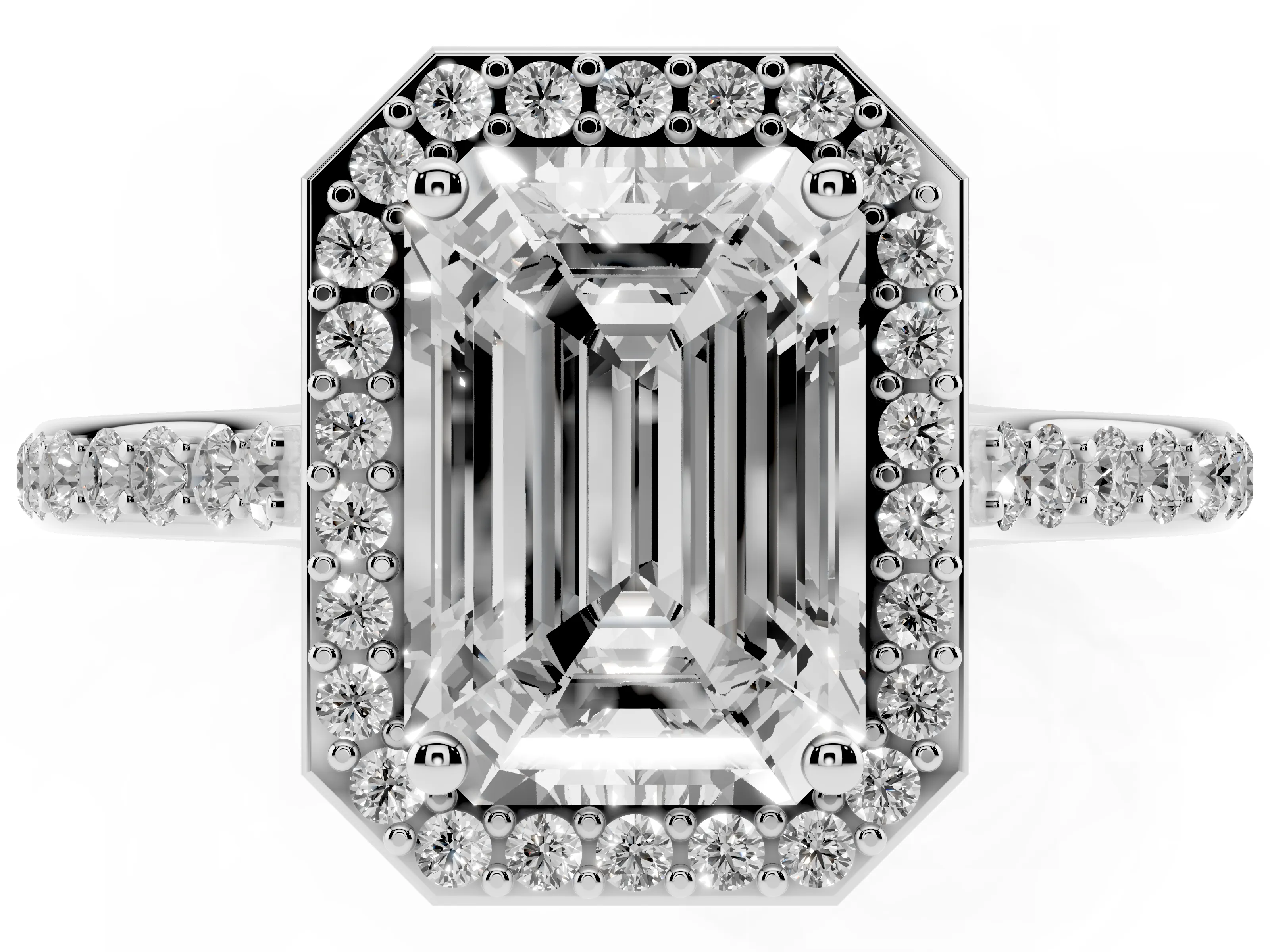 Emerald Cut Diamond Halo Engagement Ring Set in Platinum with Round Pavé Shoulders and Heart Gallery