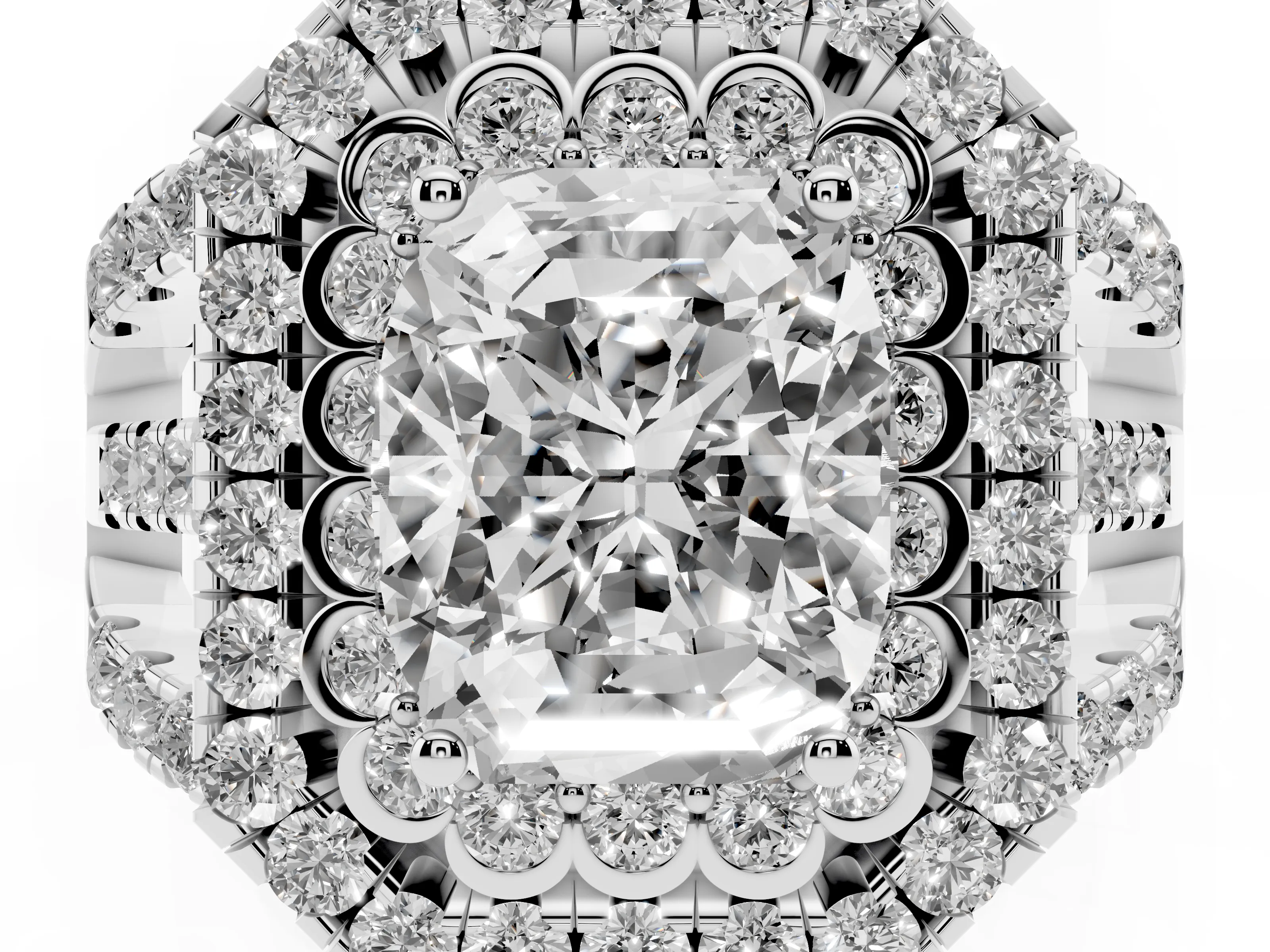 Emerald Cut Diamond Double Halo Ring Set in Silver with Round Pavé Split Shank