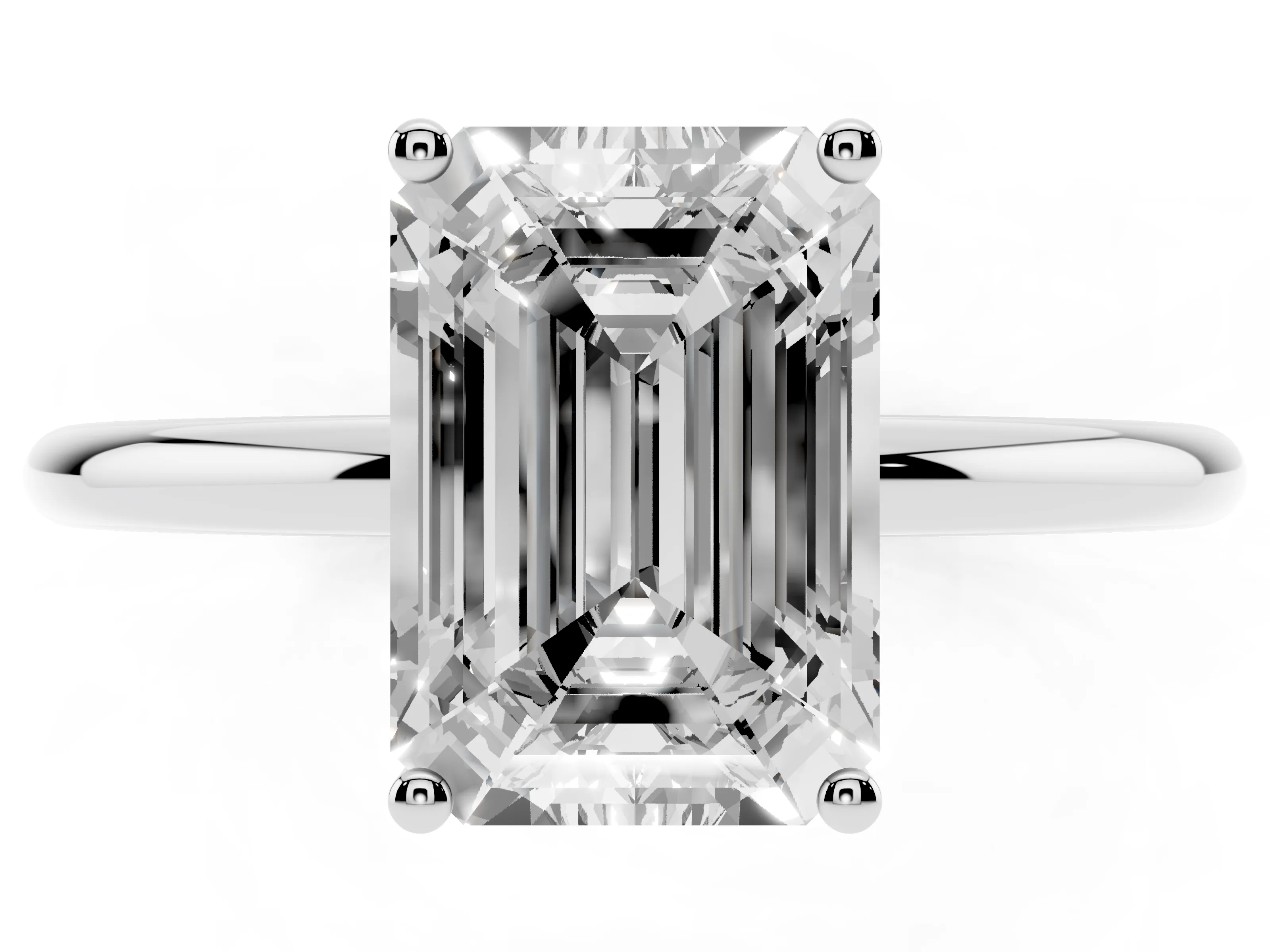 Emerald Cut Diamond Solitaire Engagement Ring Set in Platinum with Thin Band and Prong Setting
