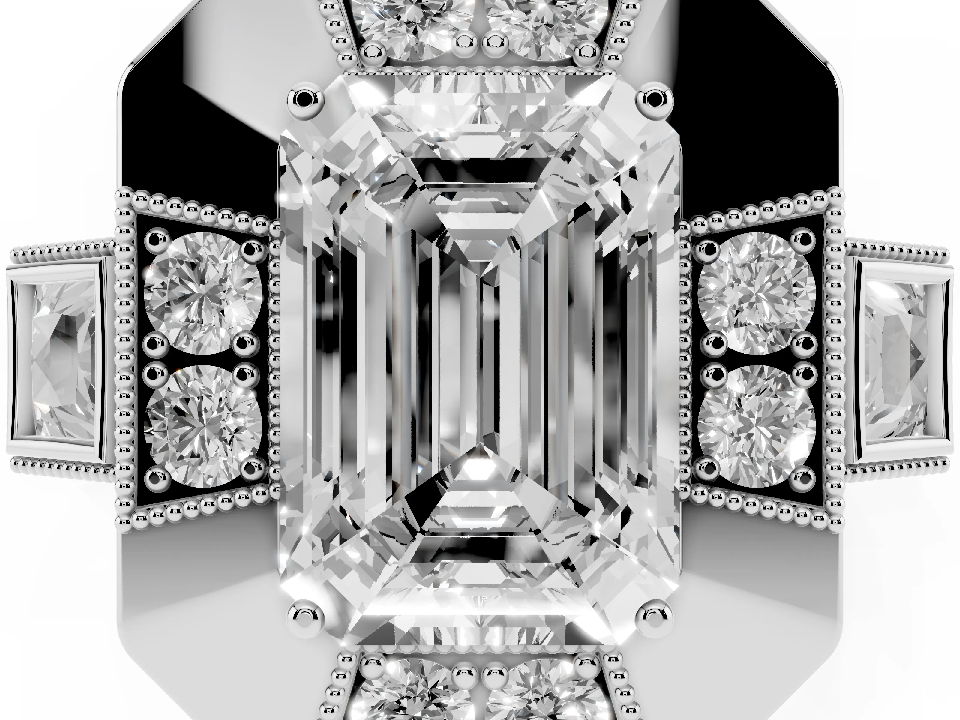 Emerald Cut Diamond Milgrain Halo Ring Set in Platinum with Split Shank