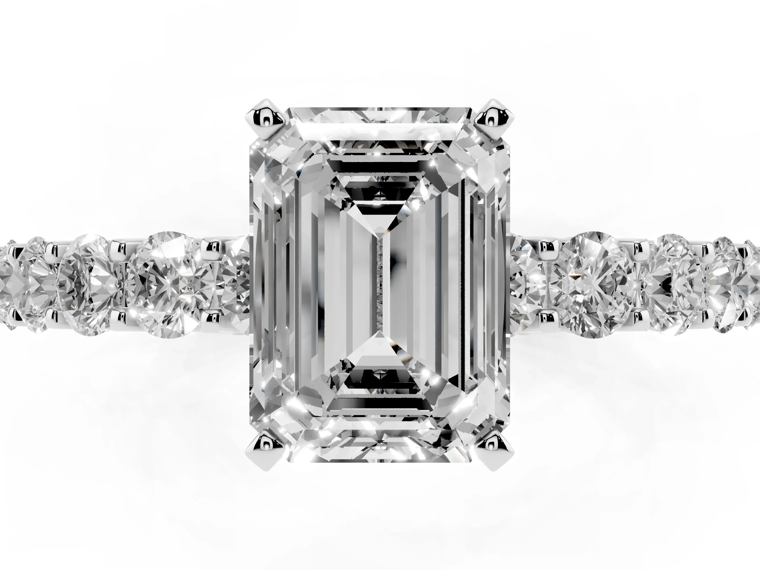 Emerald Cut Diamond Solitaire Ring Set in Platinum with Shared Prong Pavé Band