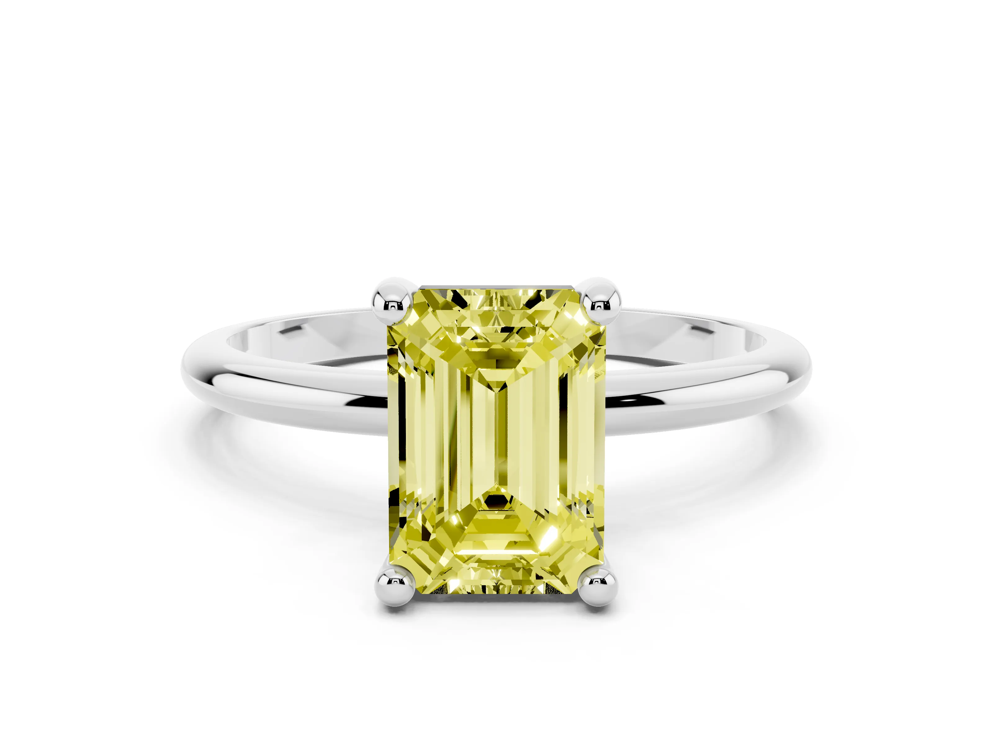 Fancy Yellow Emerald Cut Diamond Solitaire Ring Set in Platinum with Secure Prong Setting on a Classic Band