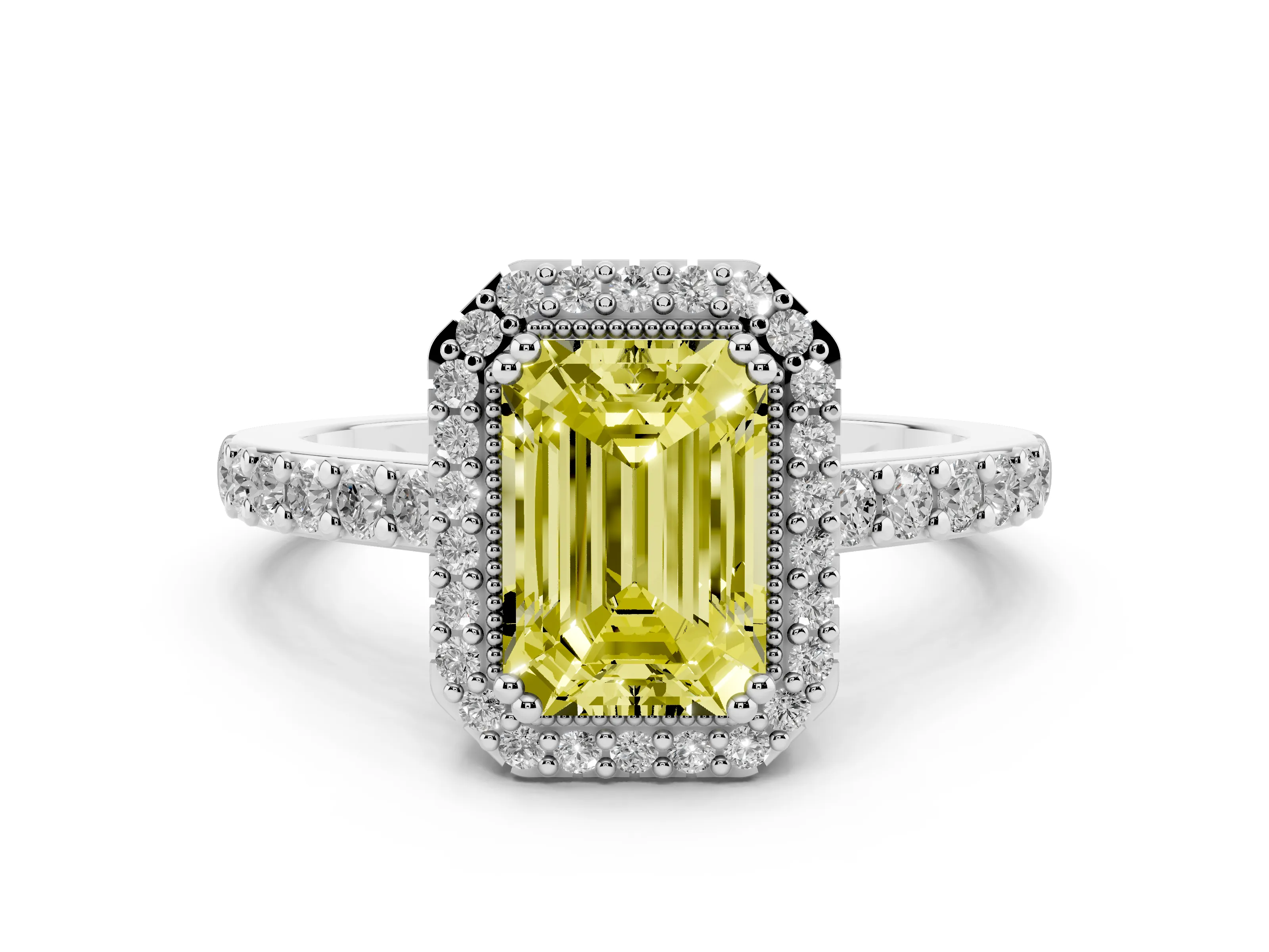 Fancy Yellow Emerald Cut Diamond Halo Engagement Ring Set in Platinum with Milgrain Detail and Pavé Band
