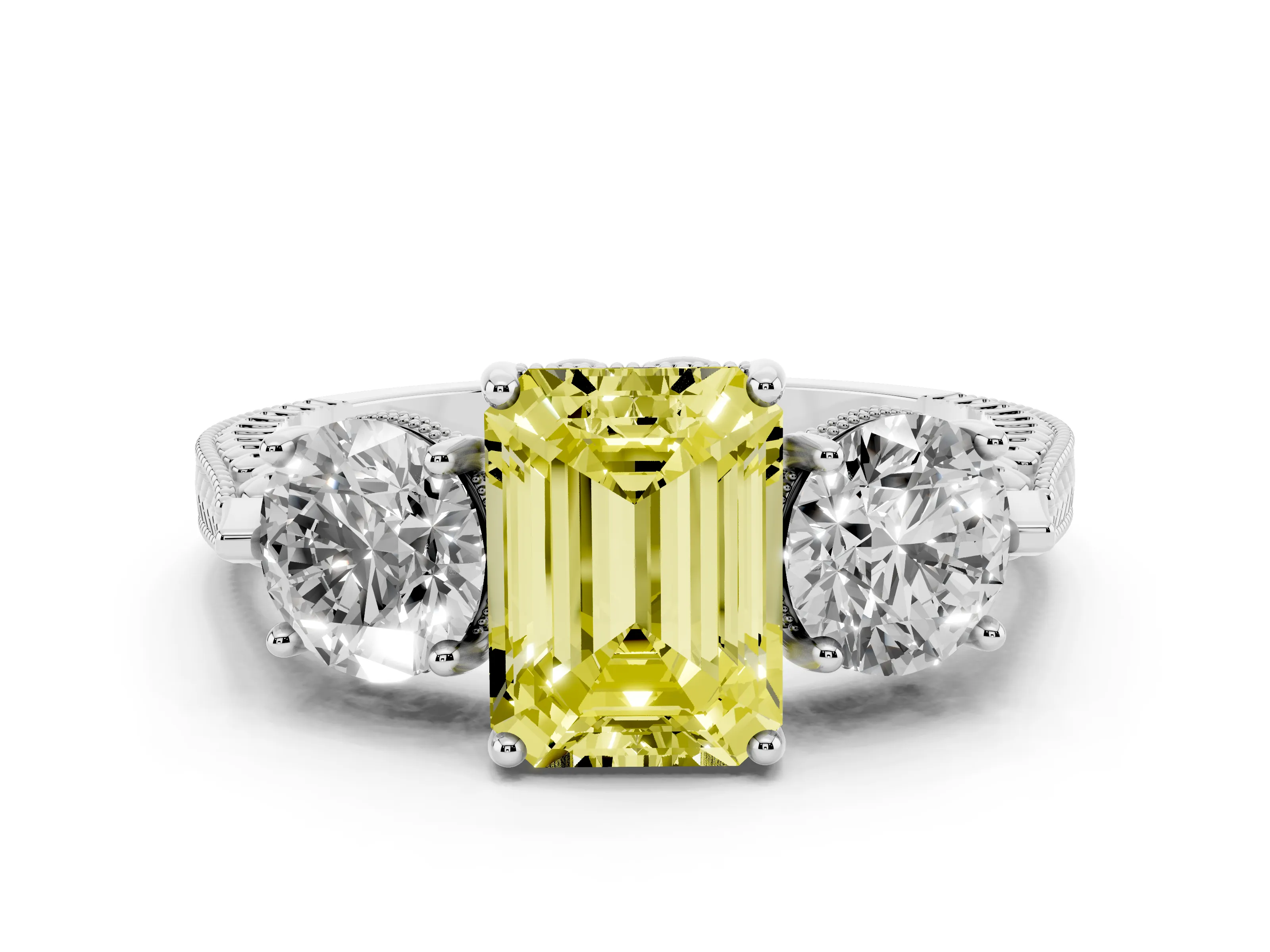 Fancy Yellow Emerald Cut Diamond Three-Stone Ring Set in Platinum with Milgrain Band