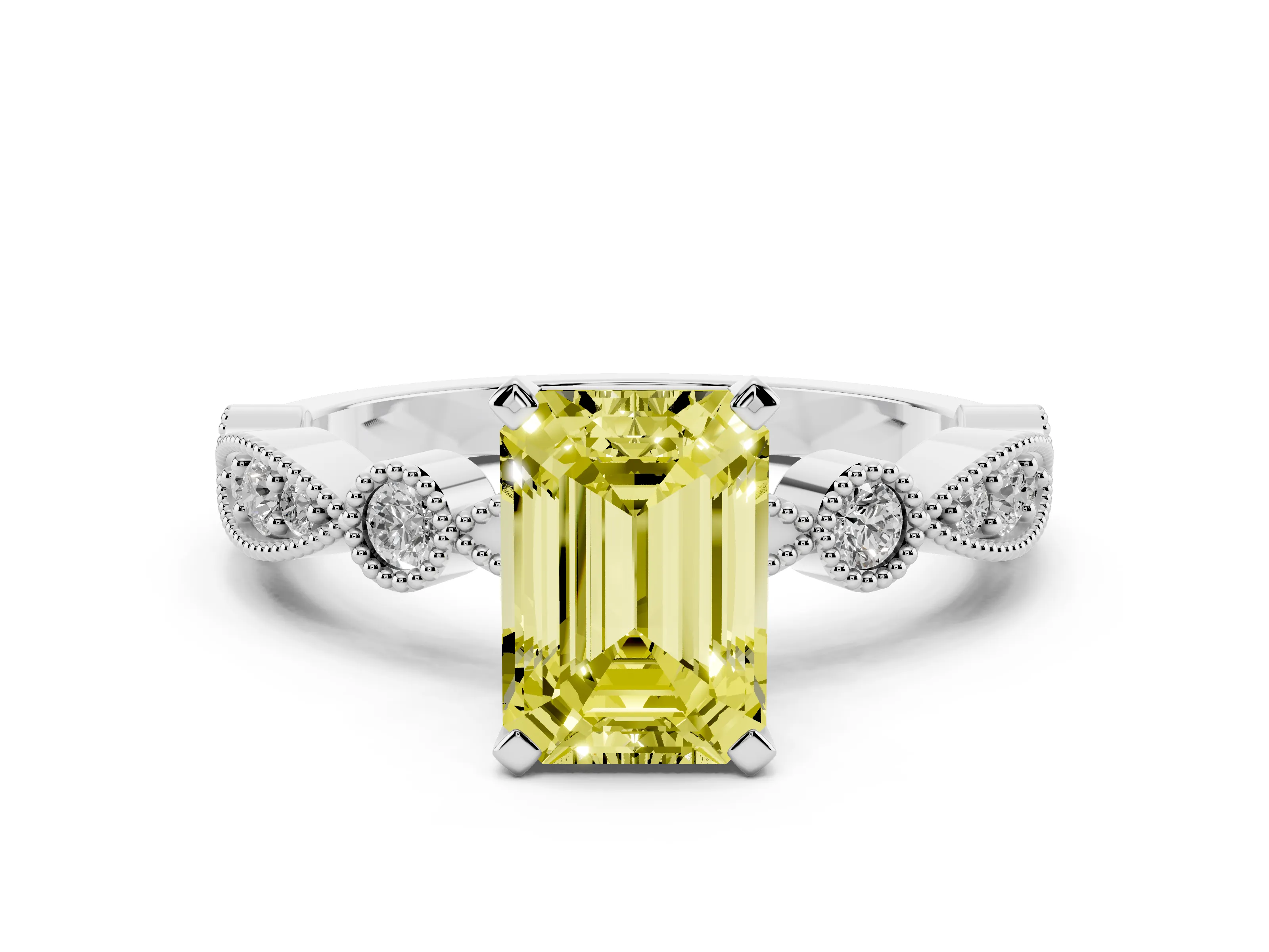 Fancy Yellow Emerald Cut Diamond Solitaire Engagement Ring Set in White gold with Milgrain Bezel Accent Band